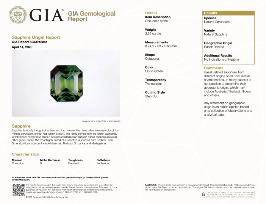 3.32 Ct. Bluish Green Sapphire from Madagascar