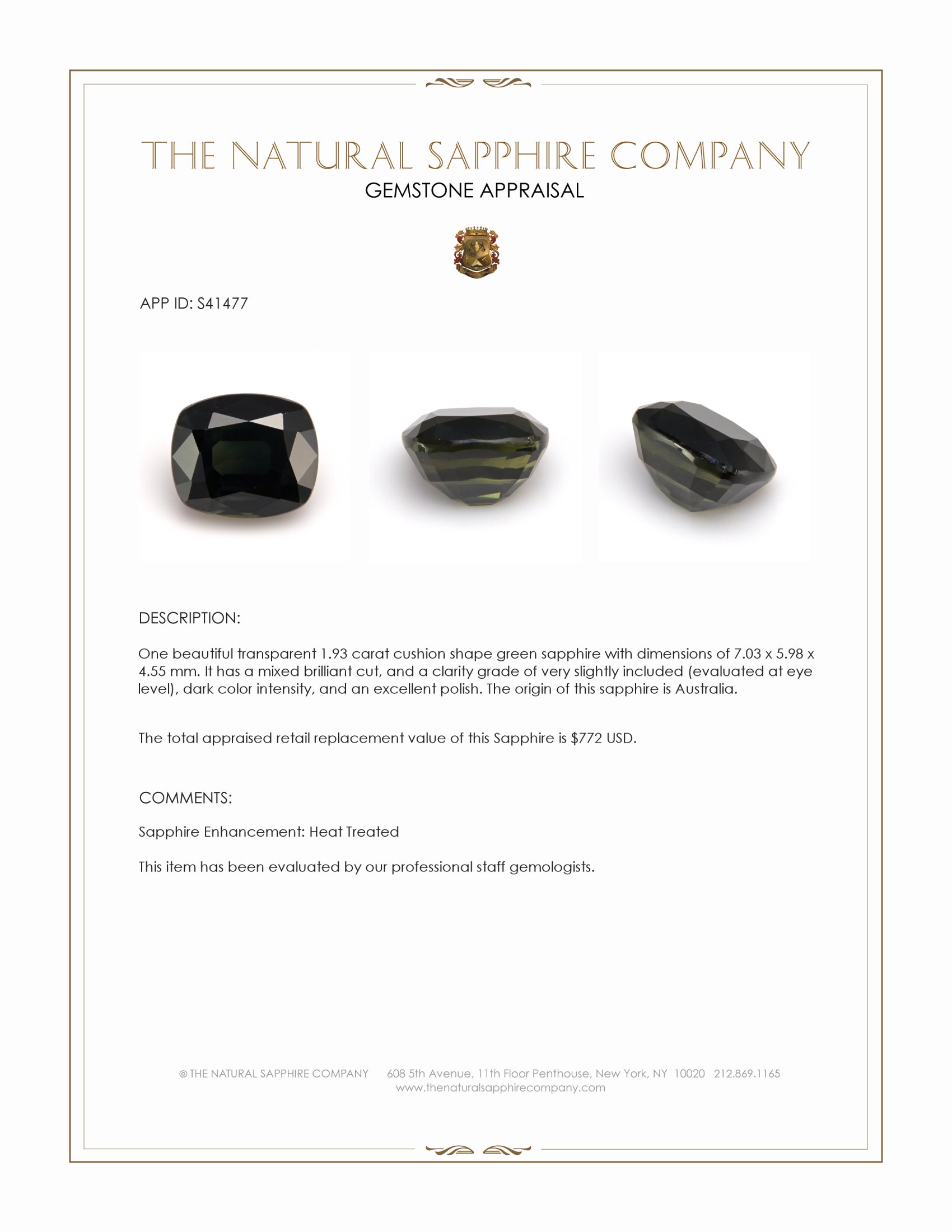 1.93 Ct. Green Sapphire from Australia