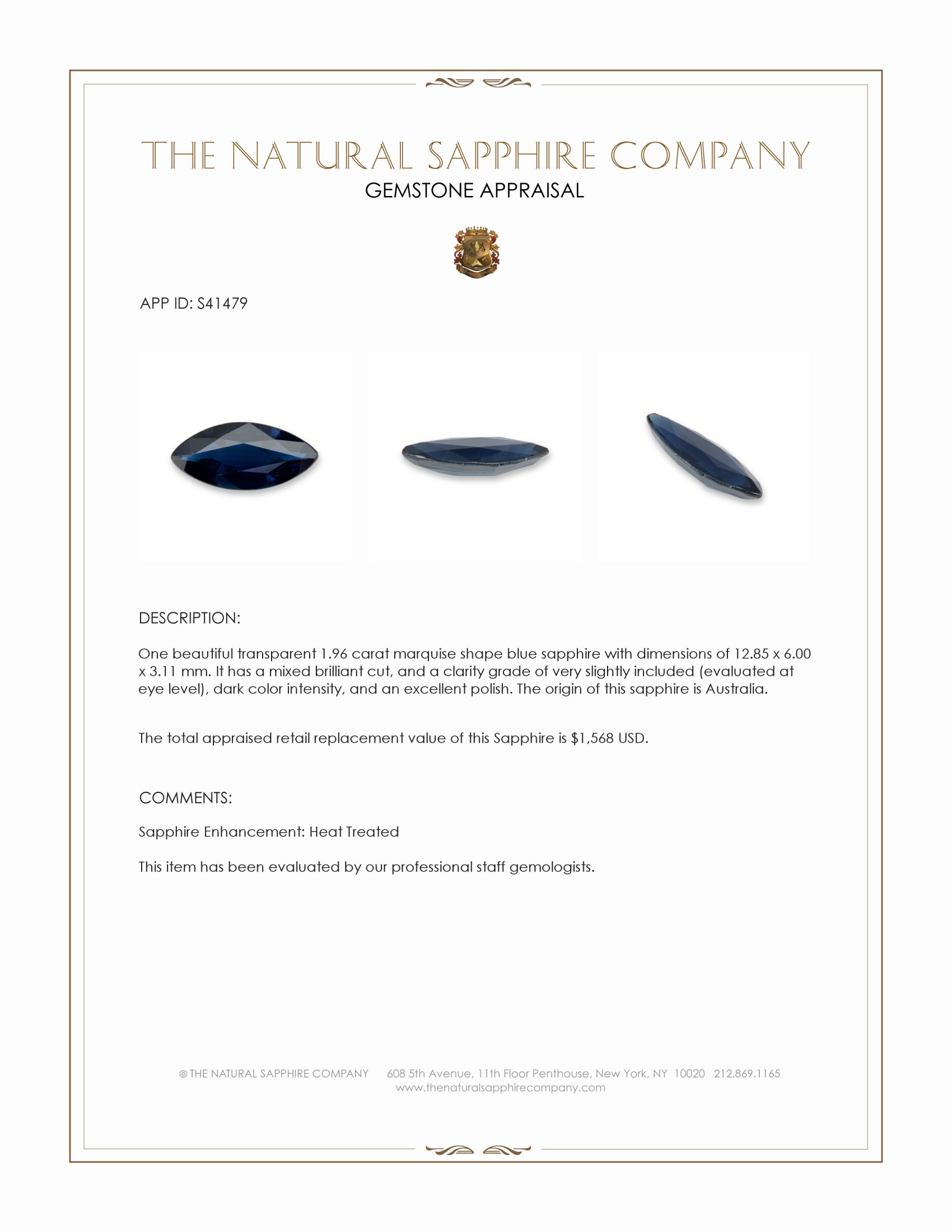 1.96 Ct. Blue Sapphire from Australia