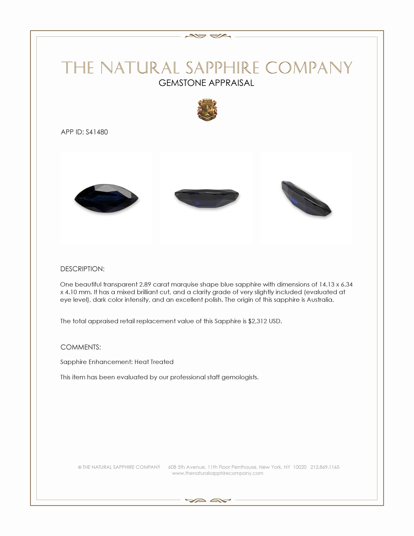 2.89 Ct. Blue Sapphire from Australia