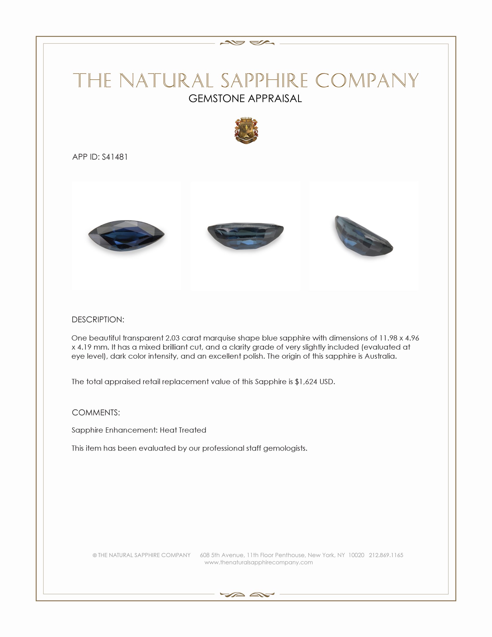 2.03 Ct. Blue Sapphire from Australia