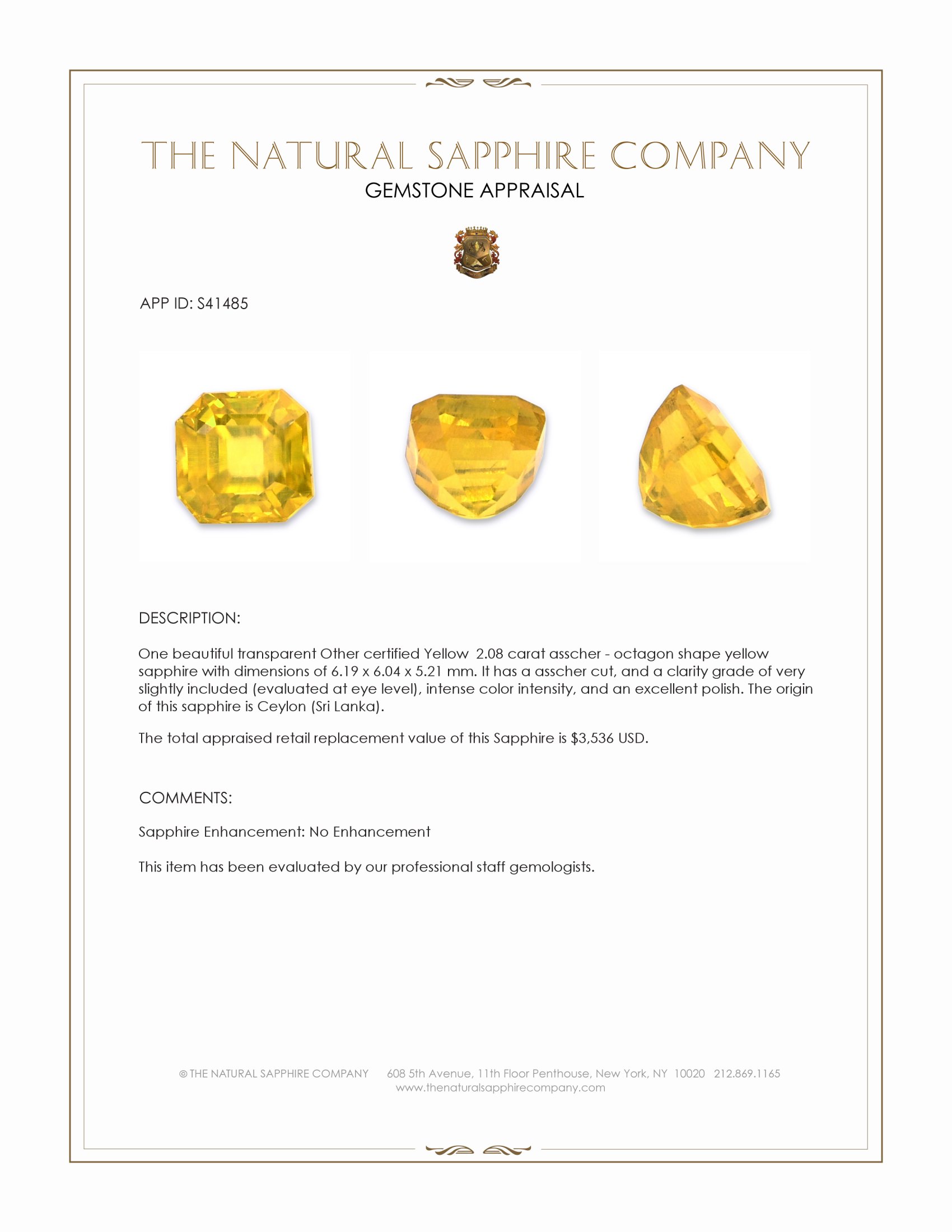 2.08 Ct. Yellow Sapphire from Ceylon (Sri Lanka)