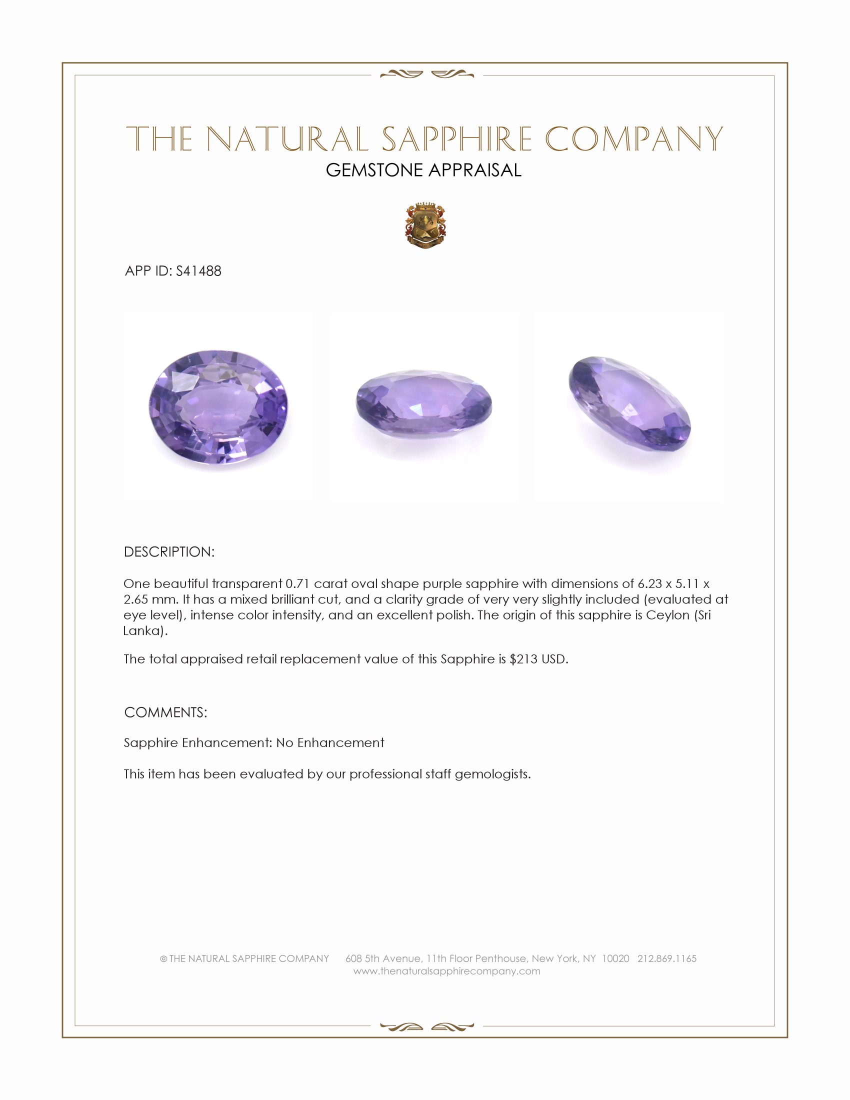 0.71 Ct. Purple Sapphire from Ceylon (Sri Lanka)