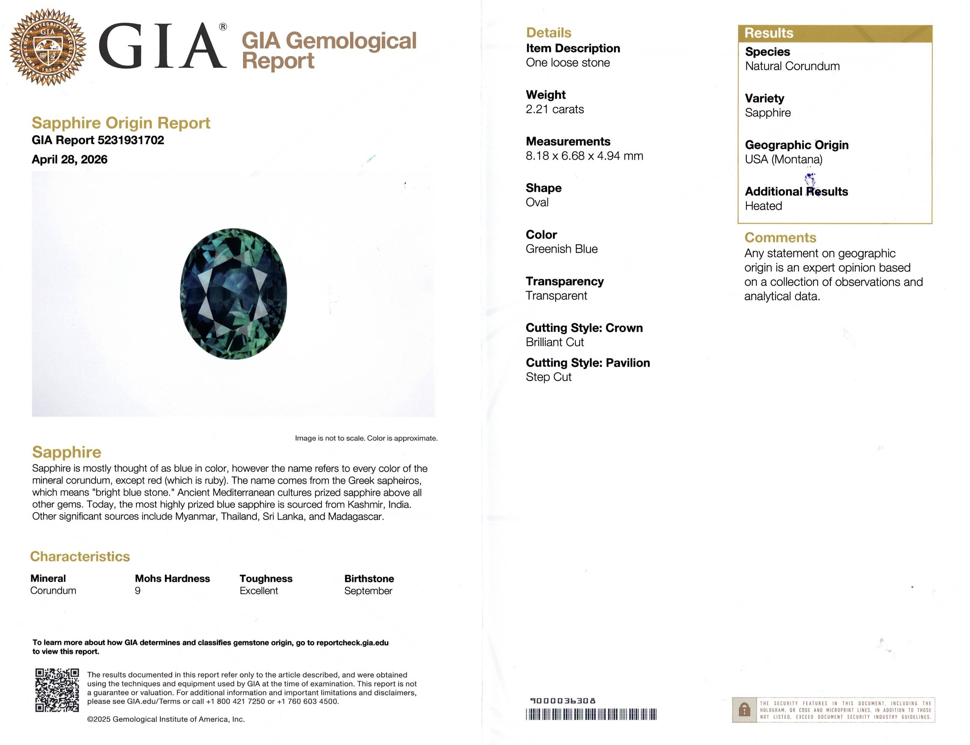 2.21 Ct. Bluish Green Sapphire from Montana