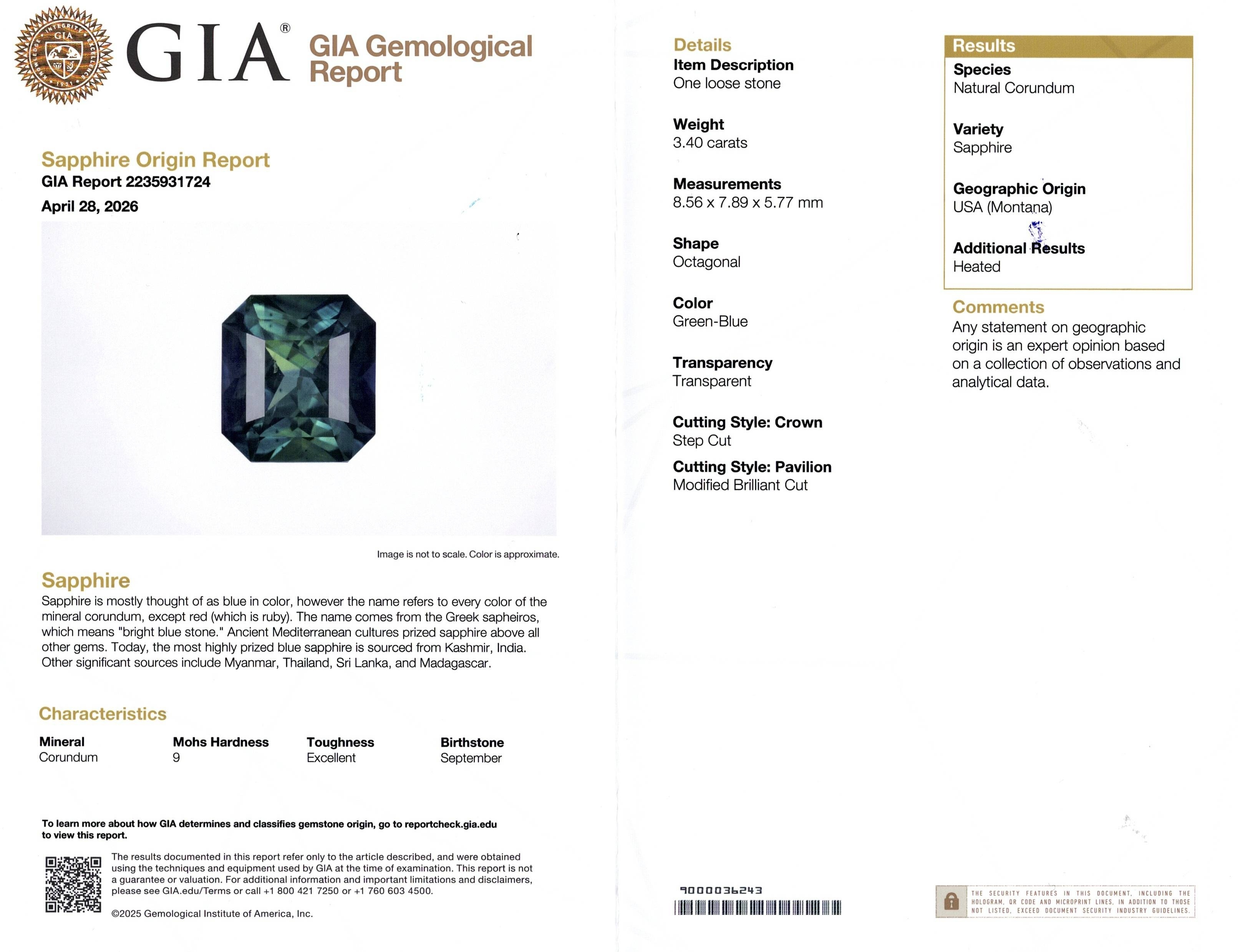 3.40 Ct. Bluish Green Sapphire from Ceylon (Sri Lanka)