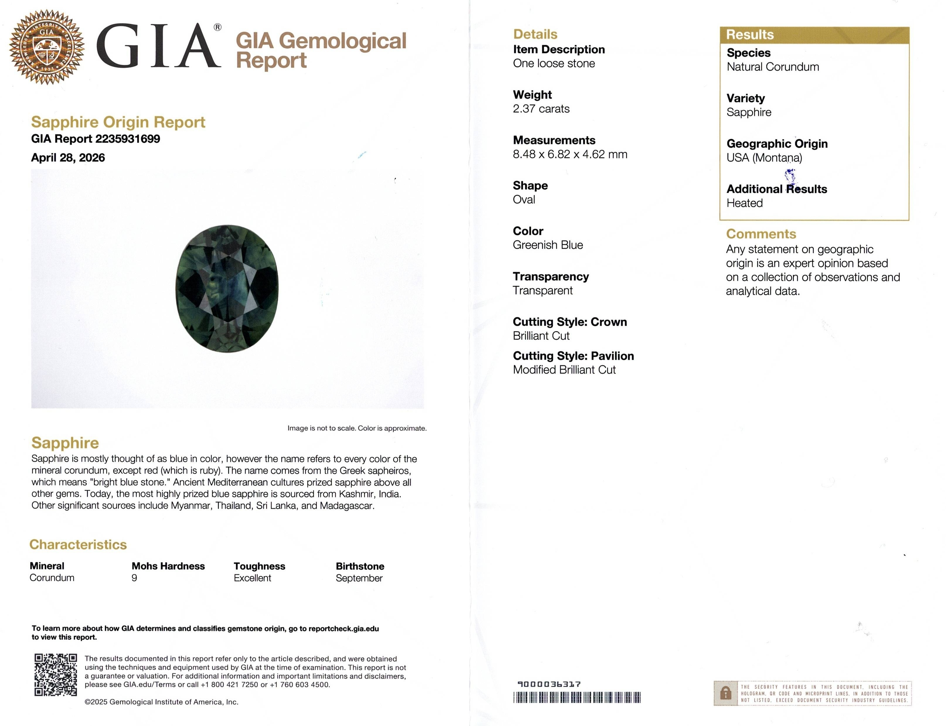 2.37 Ct. Bluish Green Sapphire from Montana