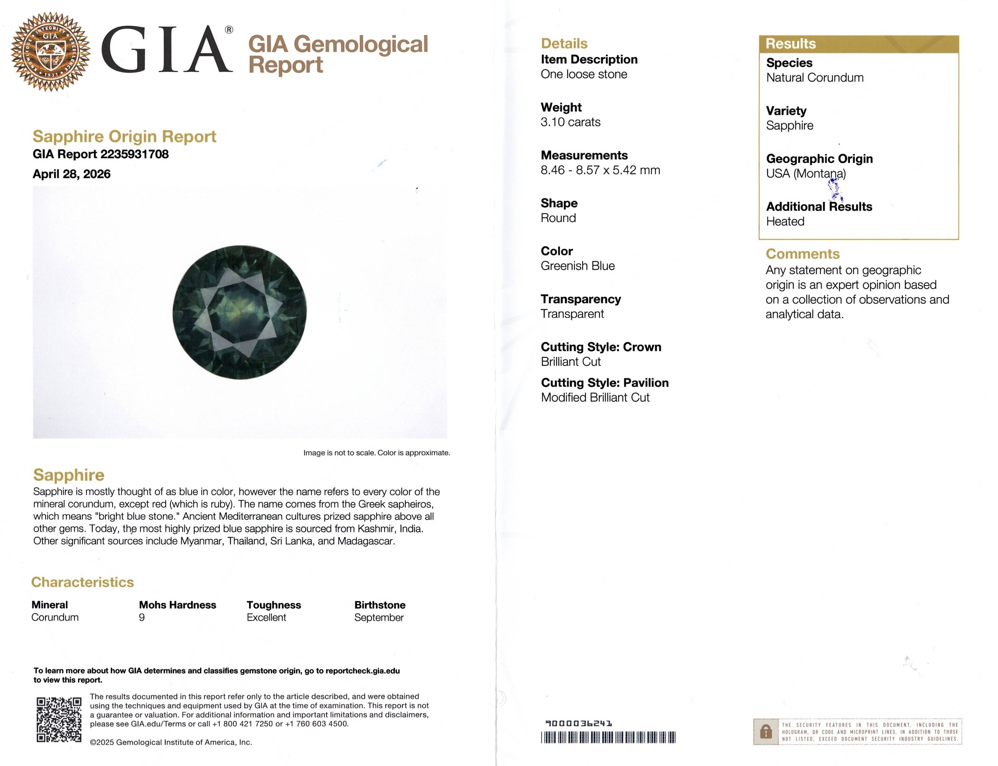 3.10 Ct. Bluish Green Sapphire from Montana