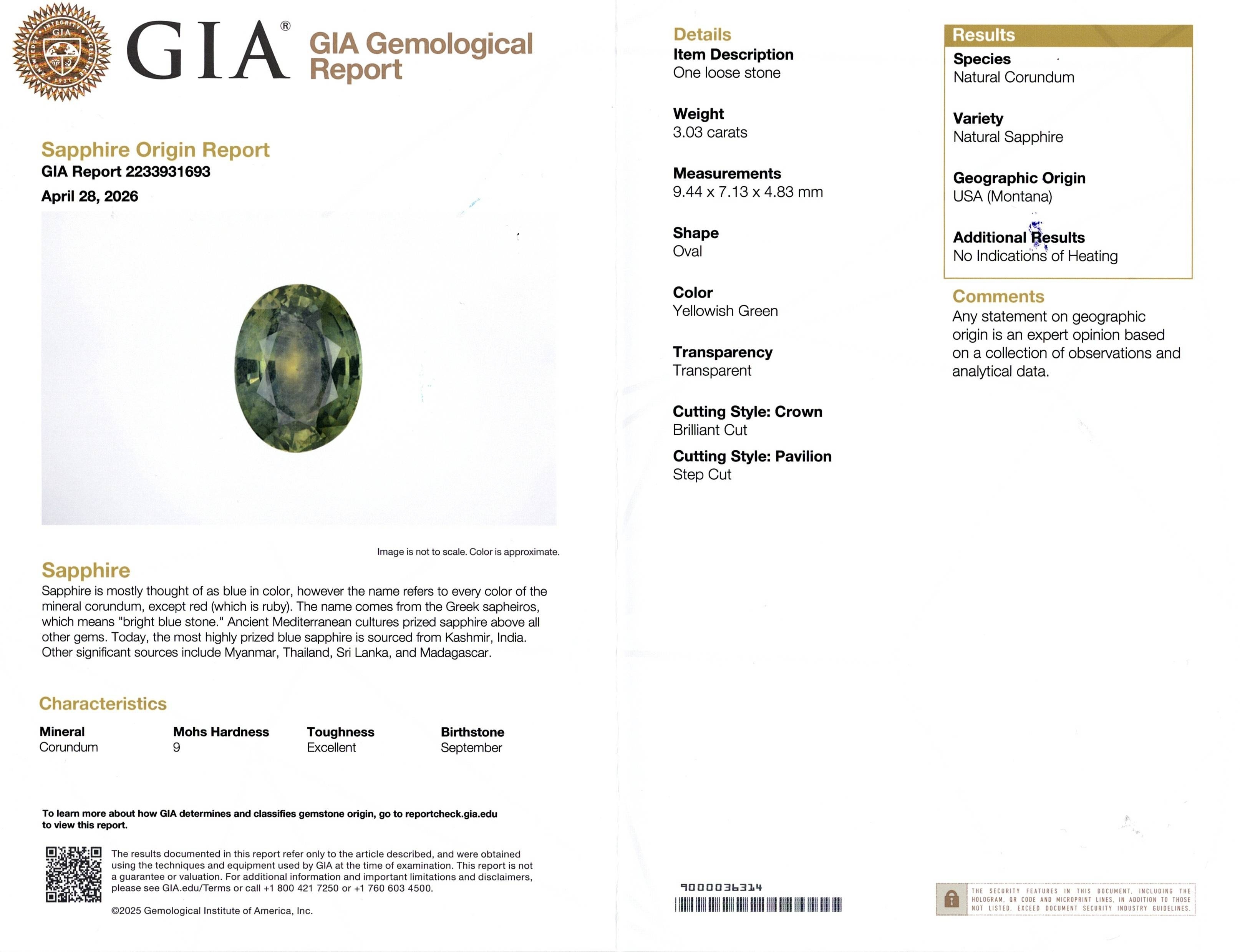 3.03 Ct. Yellowish Green Sapphire from Montana