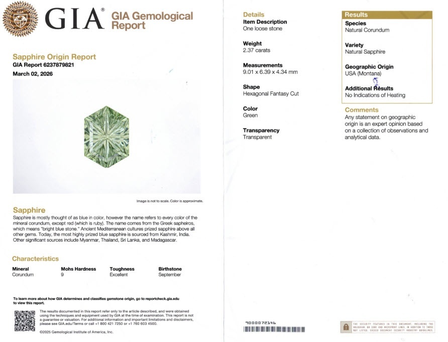 2.37 Ct. Green Sapphire from Montana