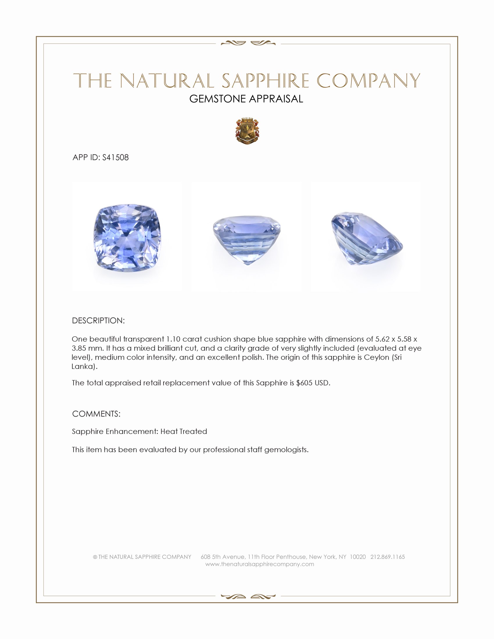 1.10 Ct. Blue Sapphire from Ceylon (Sri Lanka)