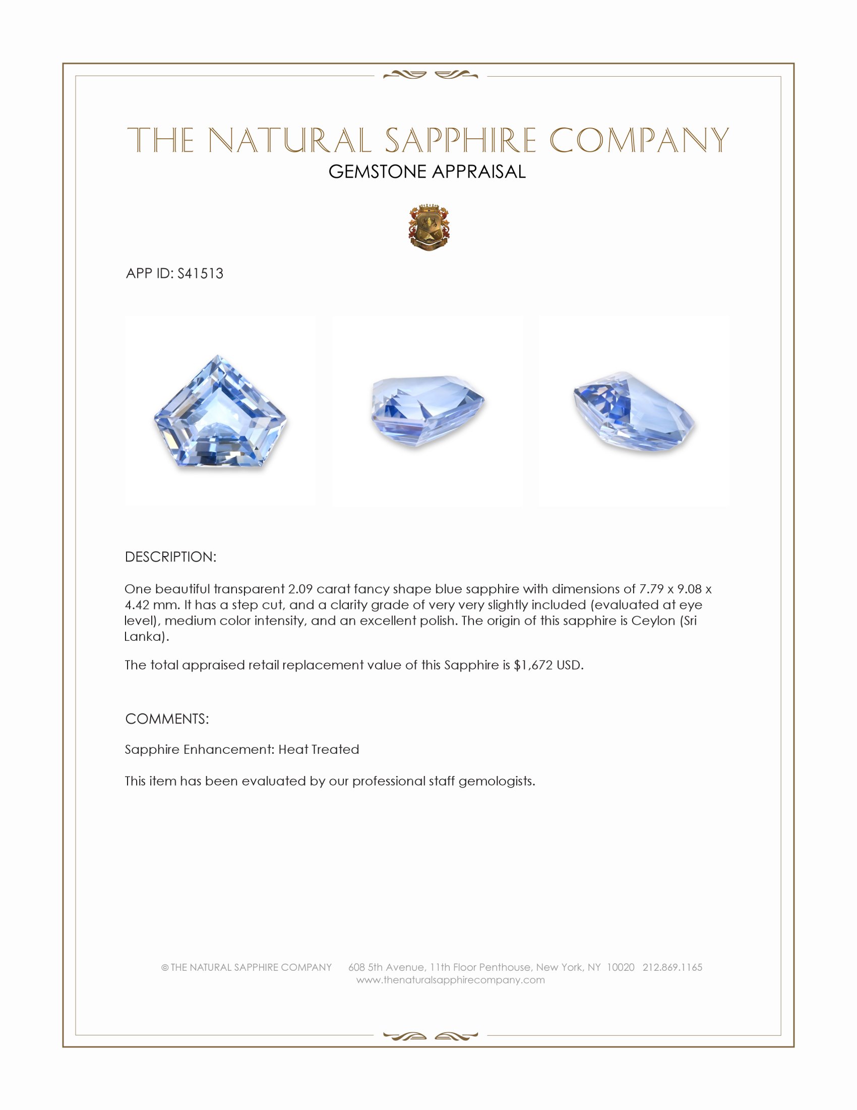 2.09 Ct. Blue Sapphire from Ceylon (Sri Lanka)