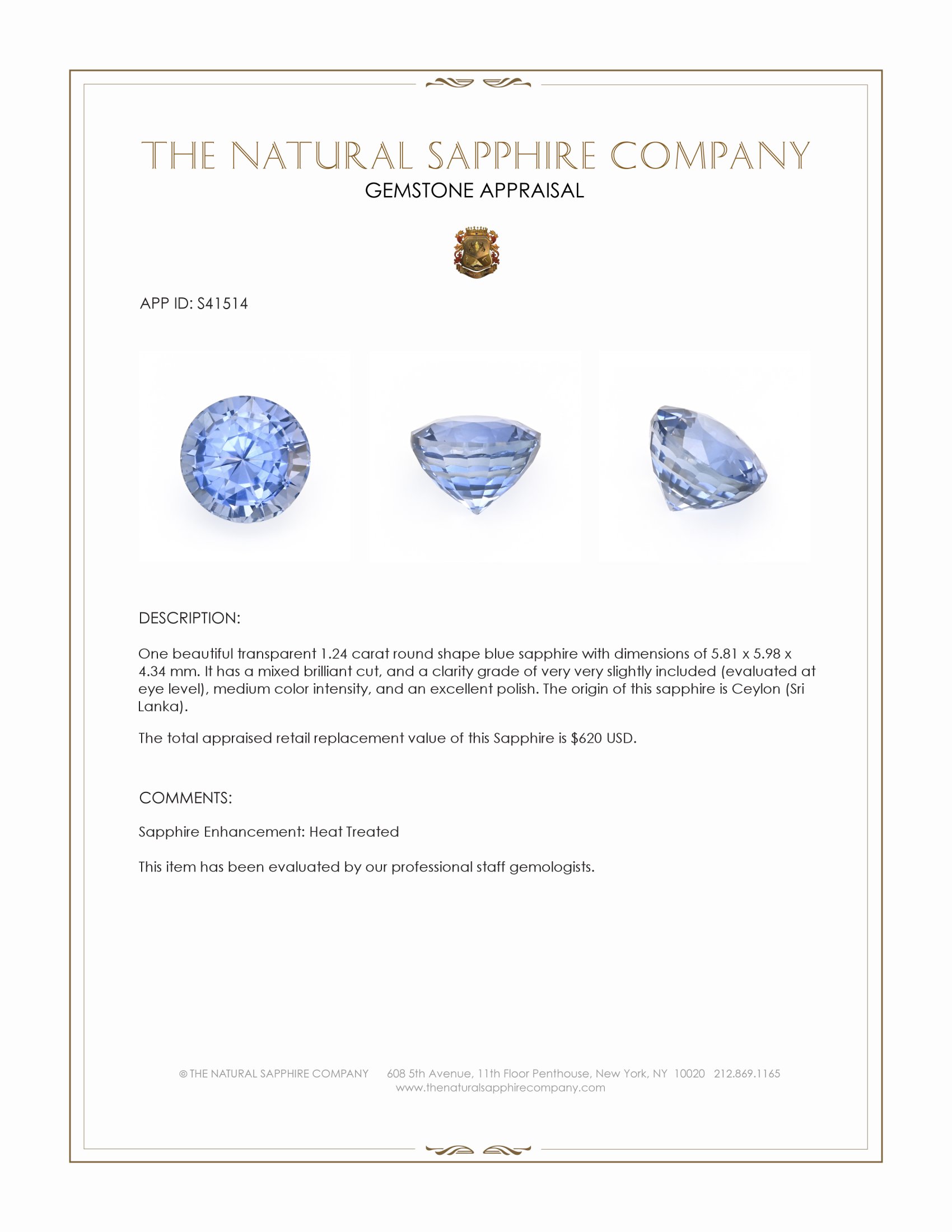 1.24 Ct. Blue Sapphire from Ceylon (Sri Lanka)