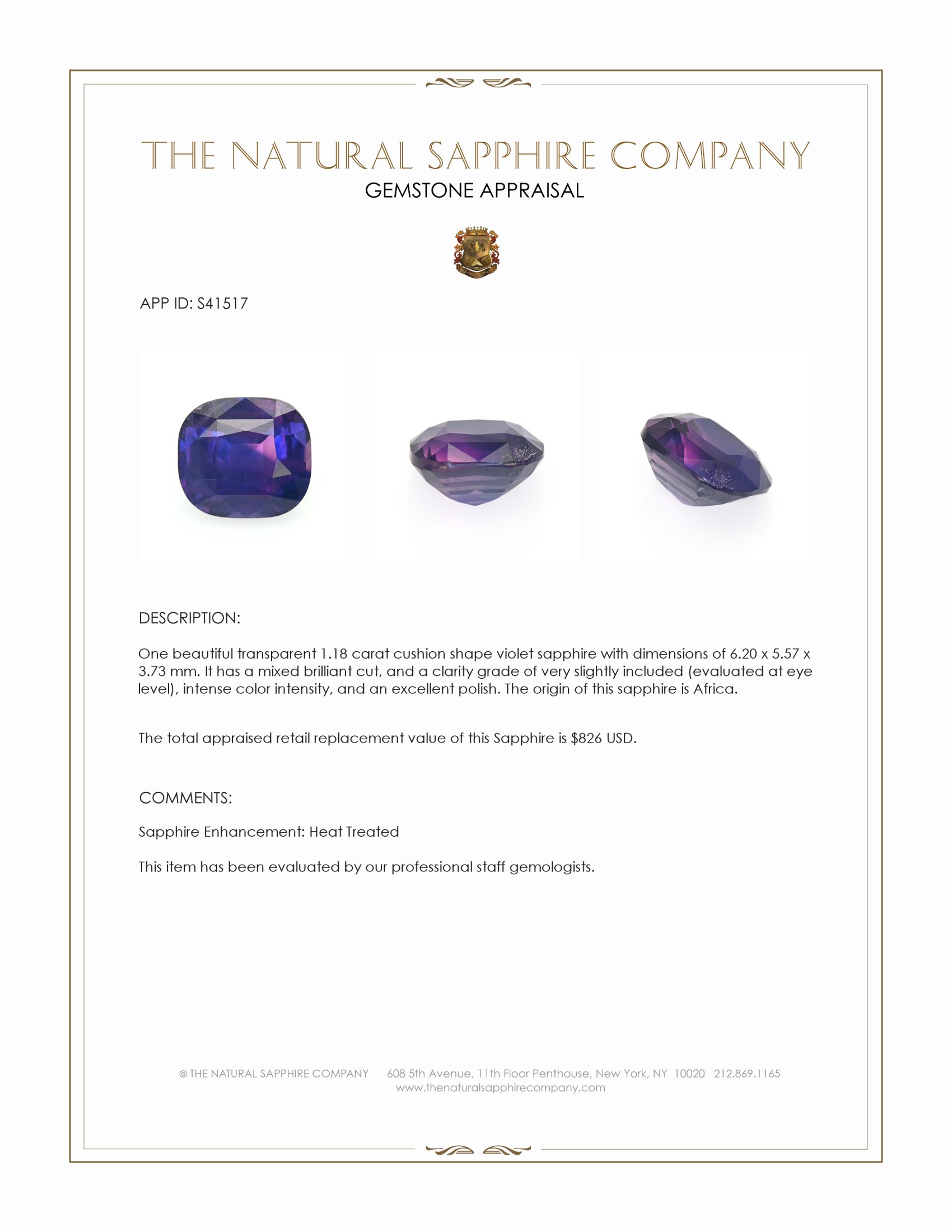 1.18 Ct. Violet Sapphire from Africa