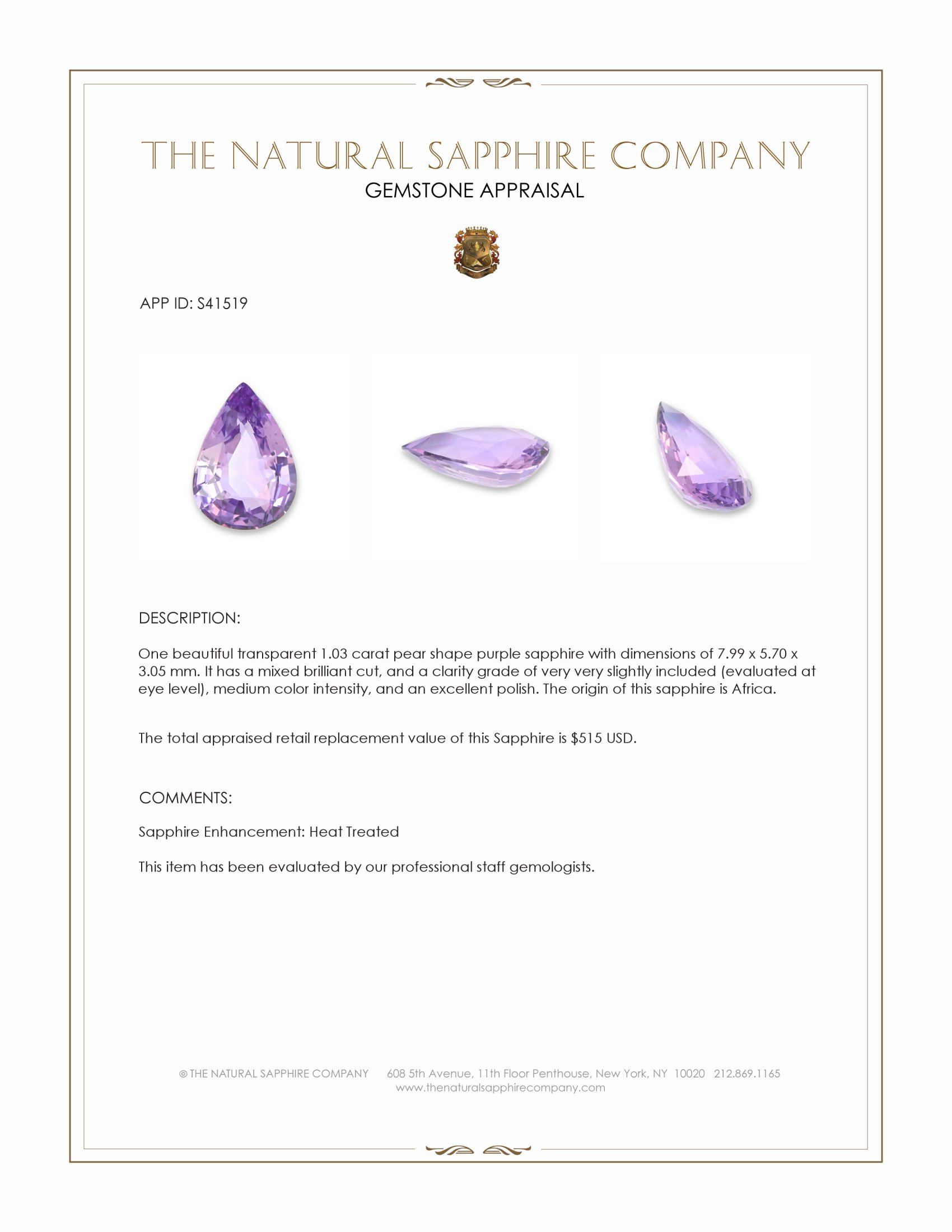 1.03 Ct. Purple Sapphire from Africa