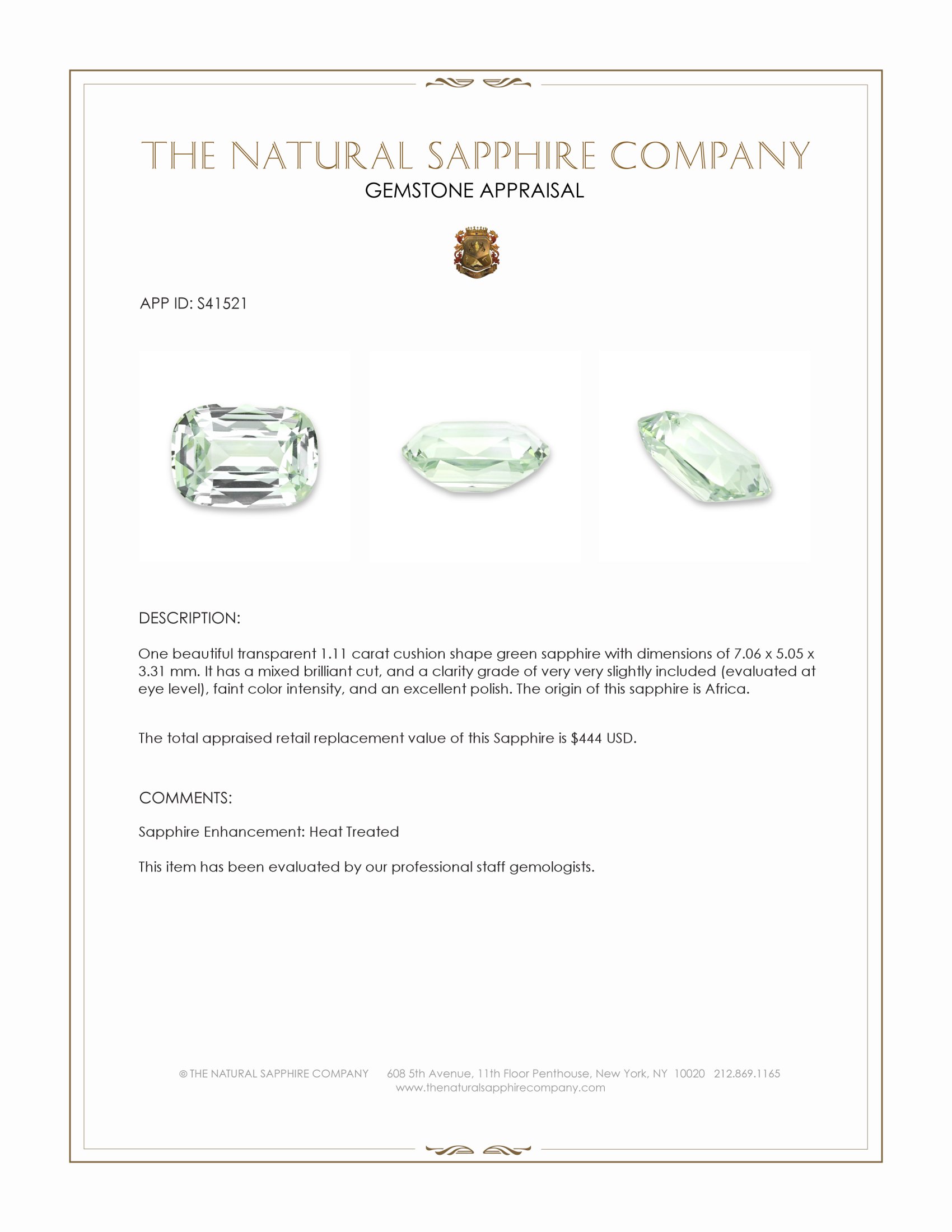 1.11 Ct. Green Sapphire from Africa
