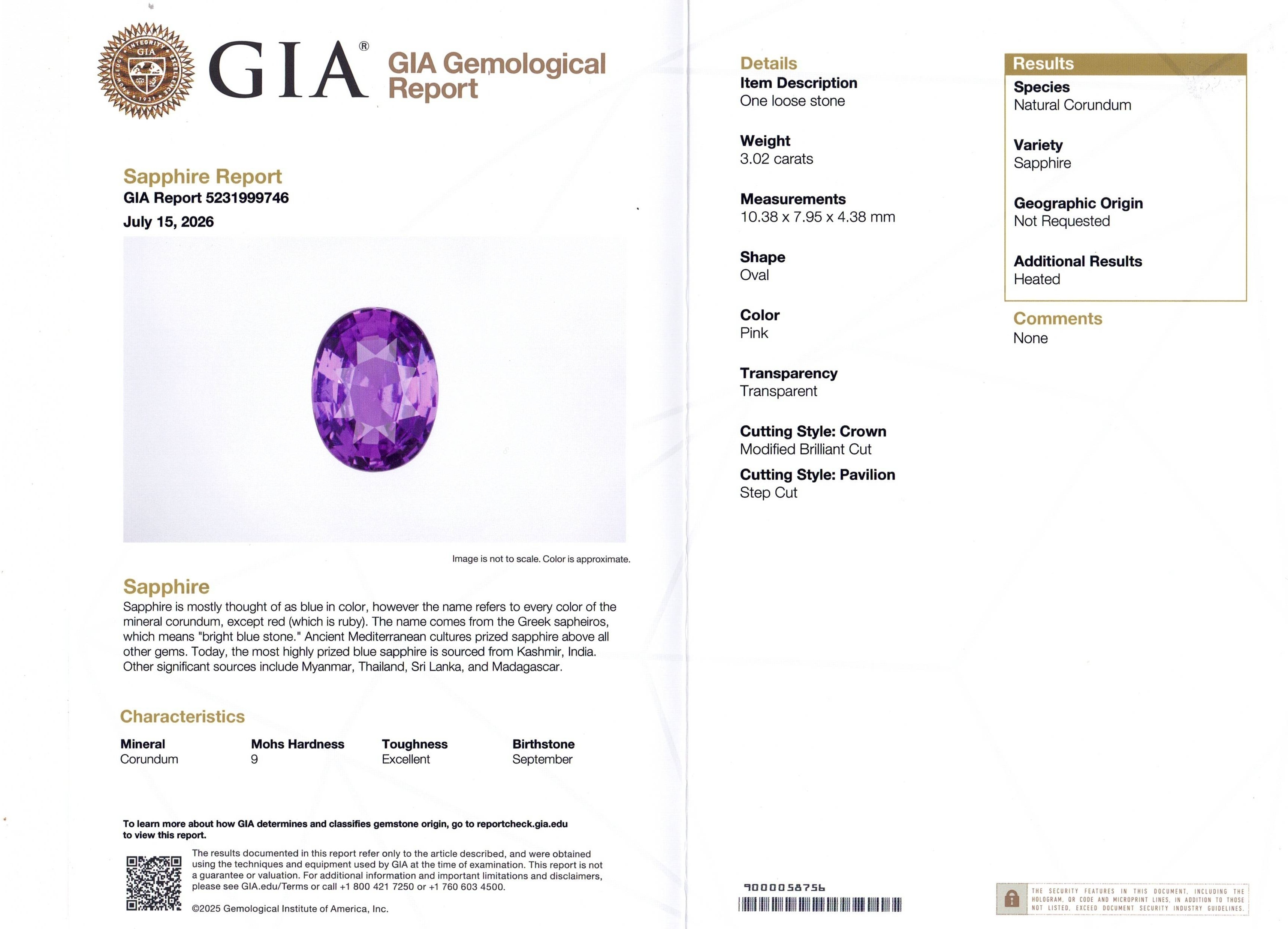 3.02 Ct. Purplish Pink Sapphire from Ceylon (Sri Lanka)