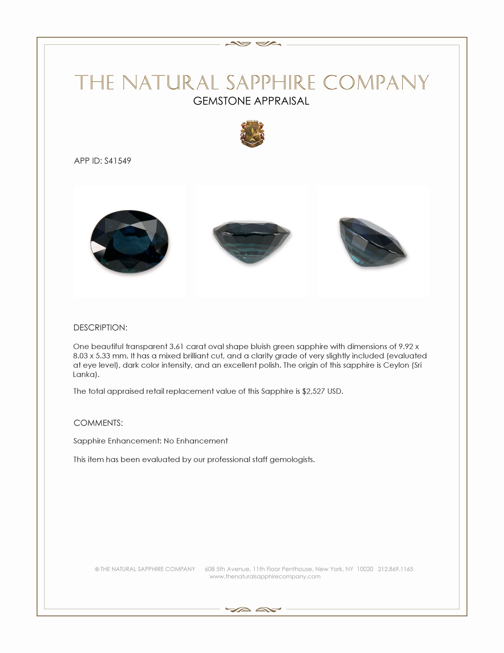 3.61 Ct. Bluish Green Sapphire from Ceylon (Sri Lanka)