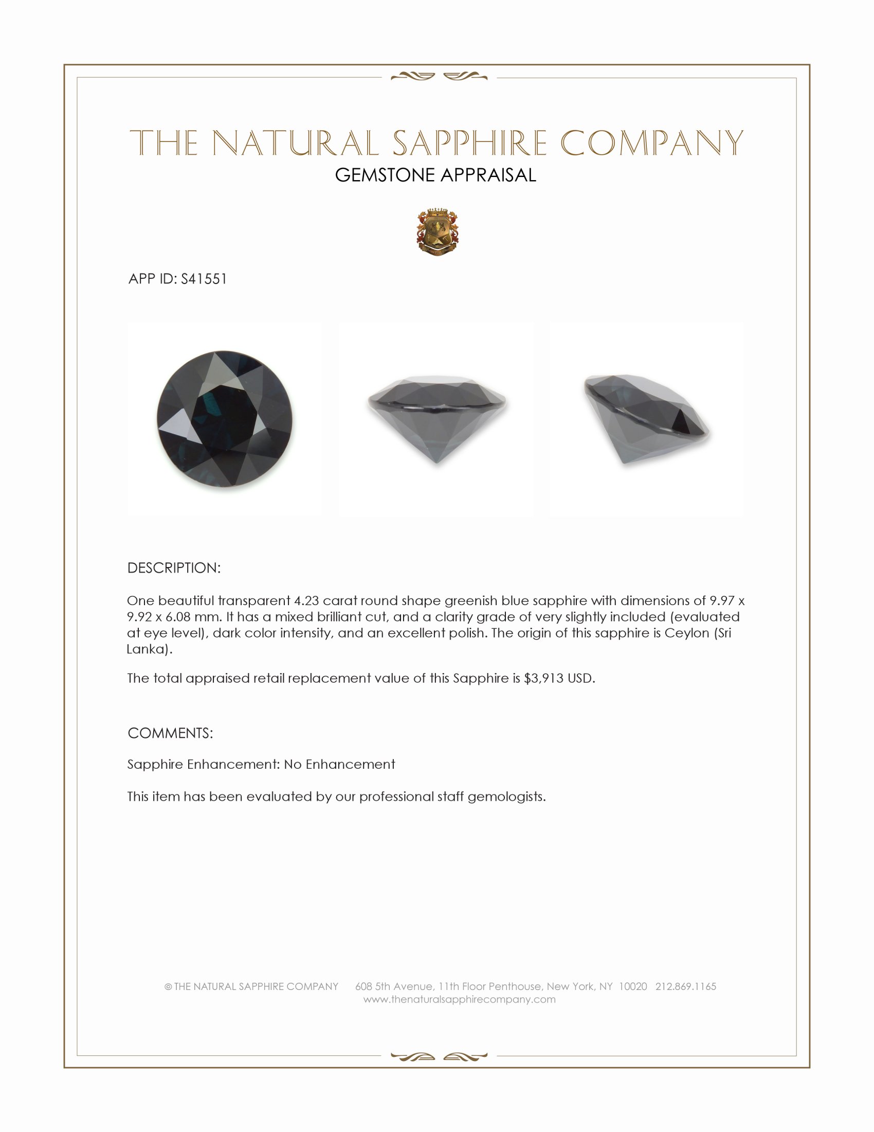 4.23 Ct. Greenish Blue Sapphire from Ceylon (Sri Lanka)