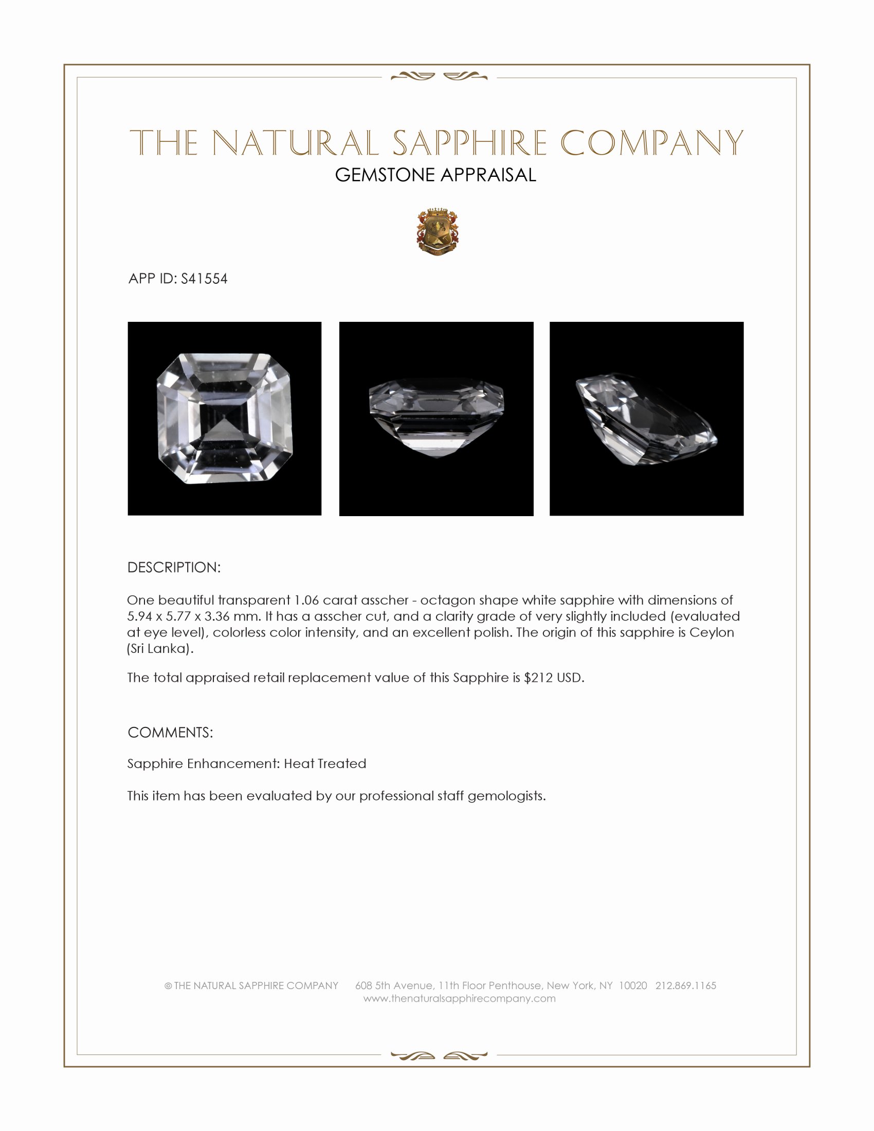 1.06 Ct. White Sapphire from Ceylon (Sri Lanka)