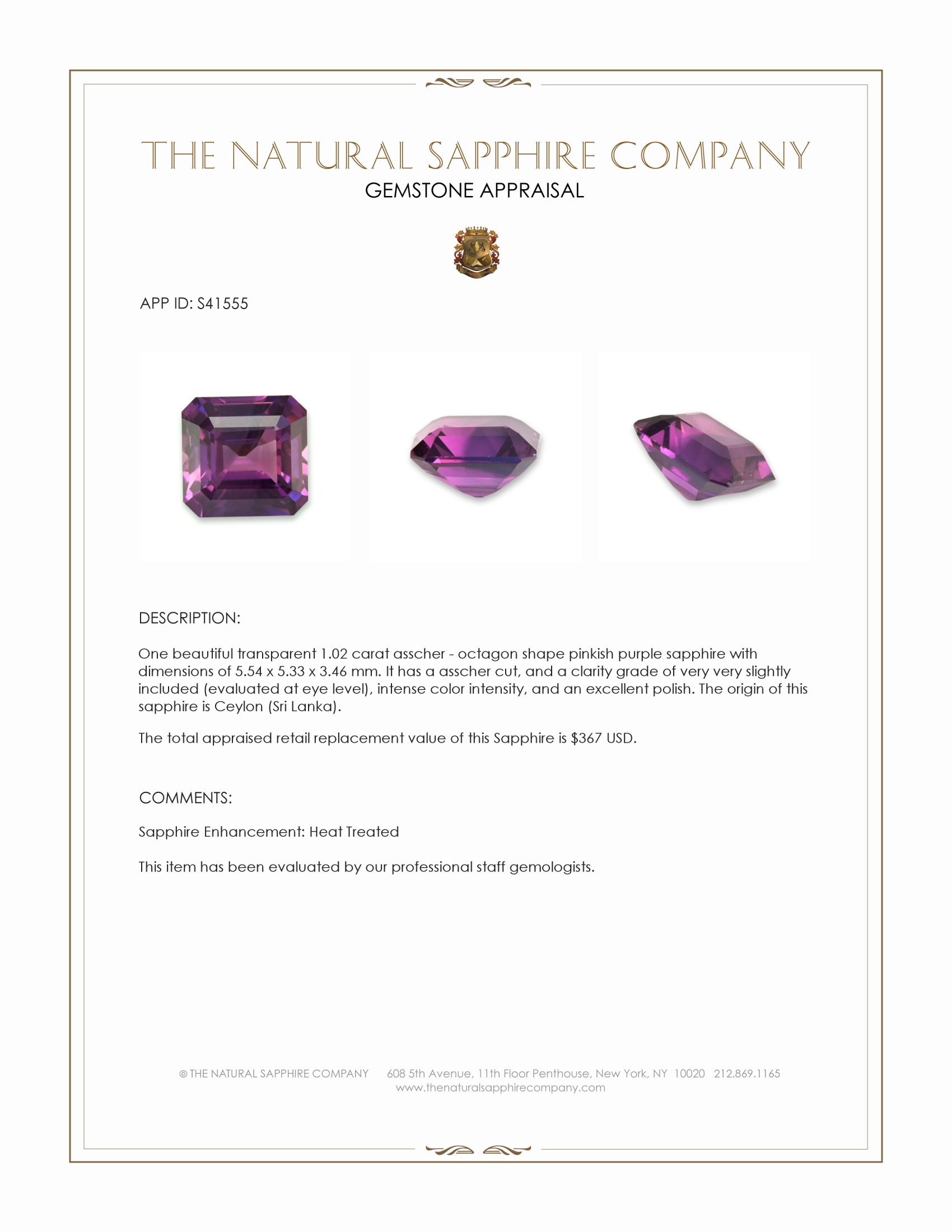 1.02 Ct. Pinkish Purple Sapphire from Ceylon (Sri Lanka)