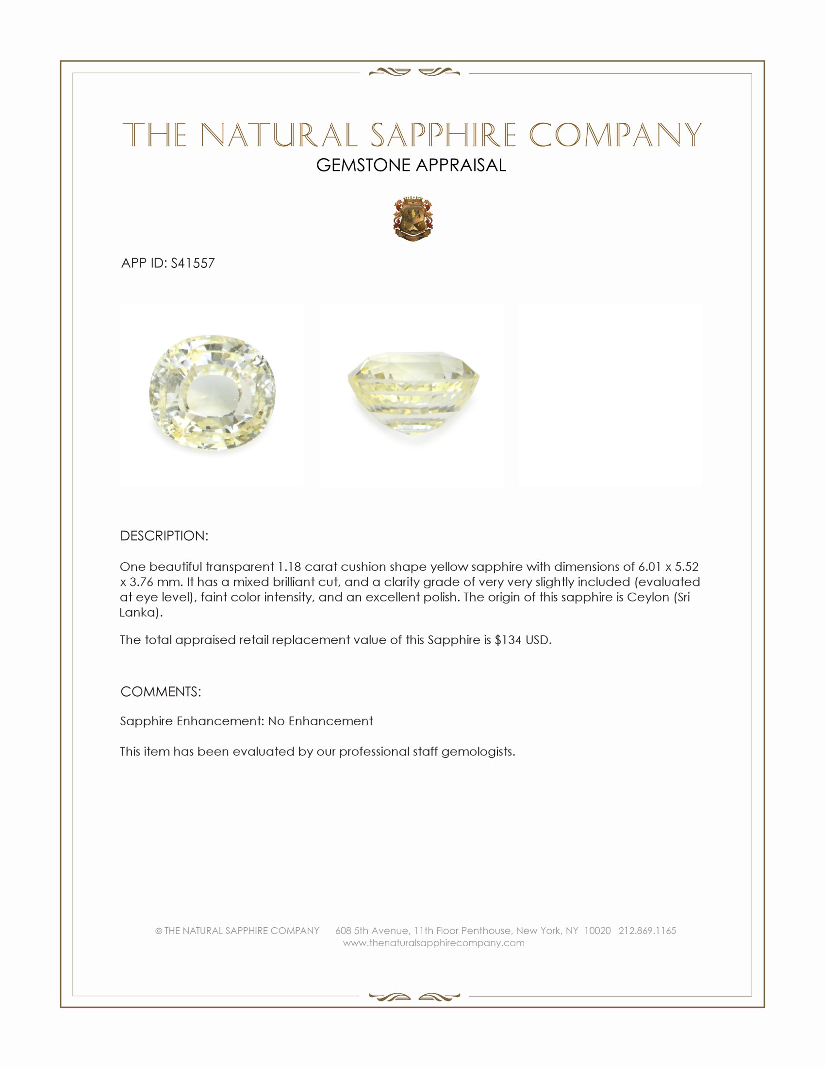 1.18 Ct. Yellow Sapphire from Ceylon (Sri Lanka)