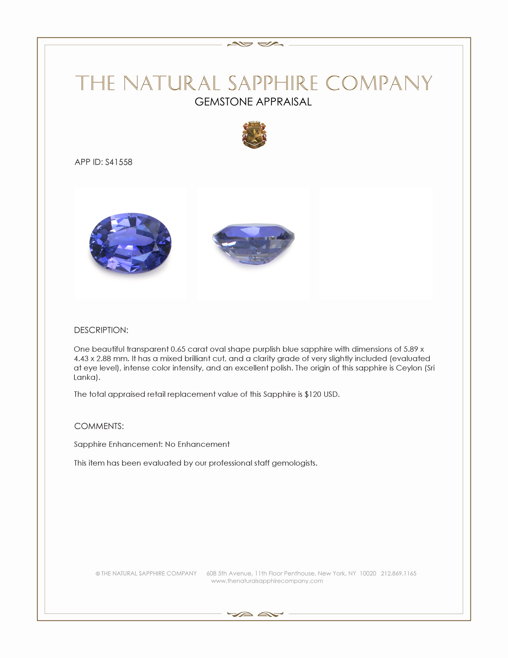 0.65 Ct. Purplish Blue Sapphire from Ceylon (Sri Lanka)