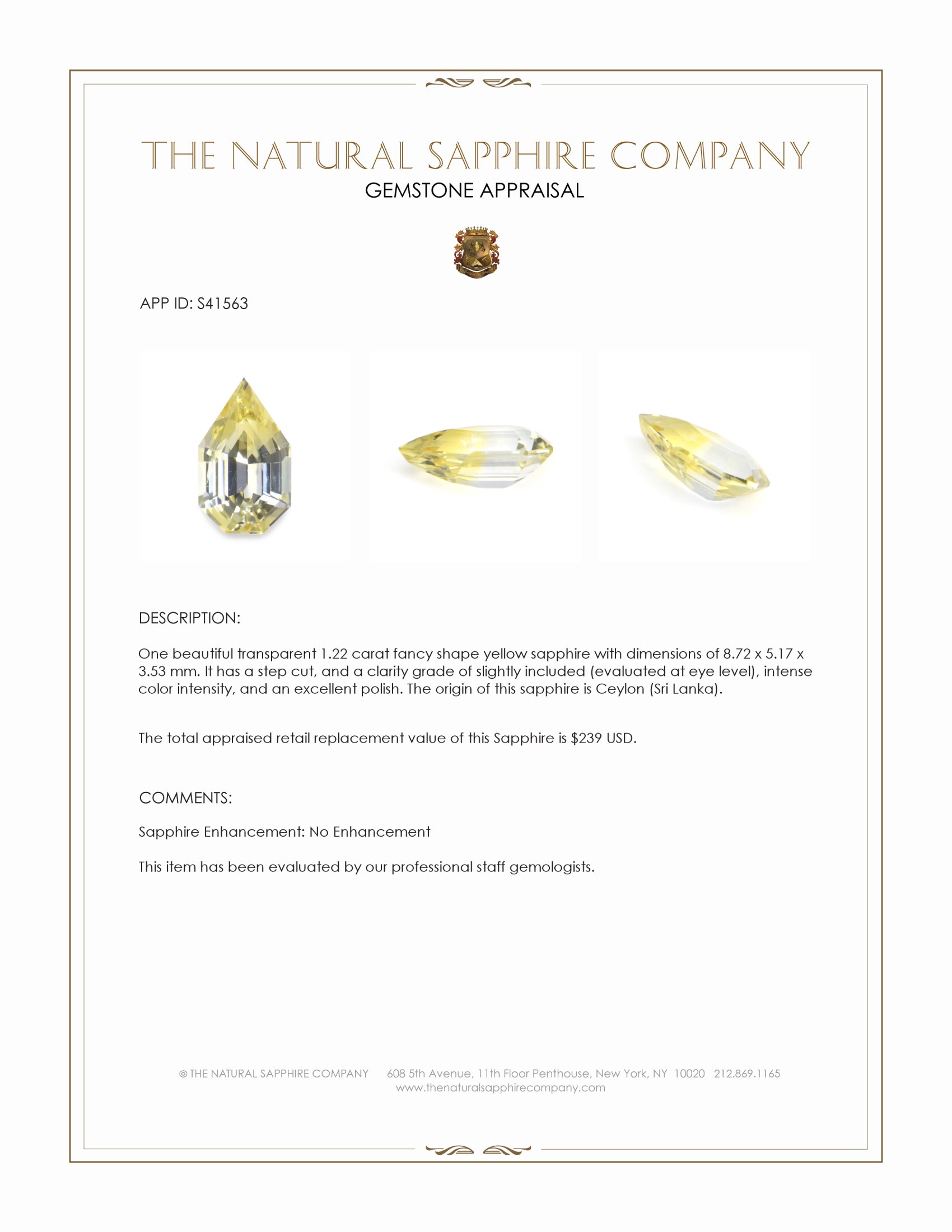 1.22 Ct. Yellow Sapphire from Ceylon (Sri Lanka)