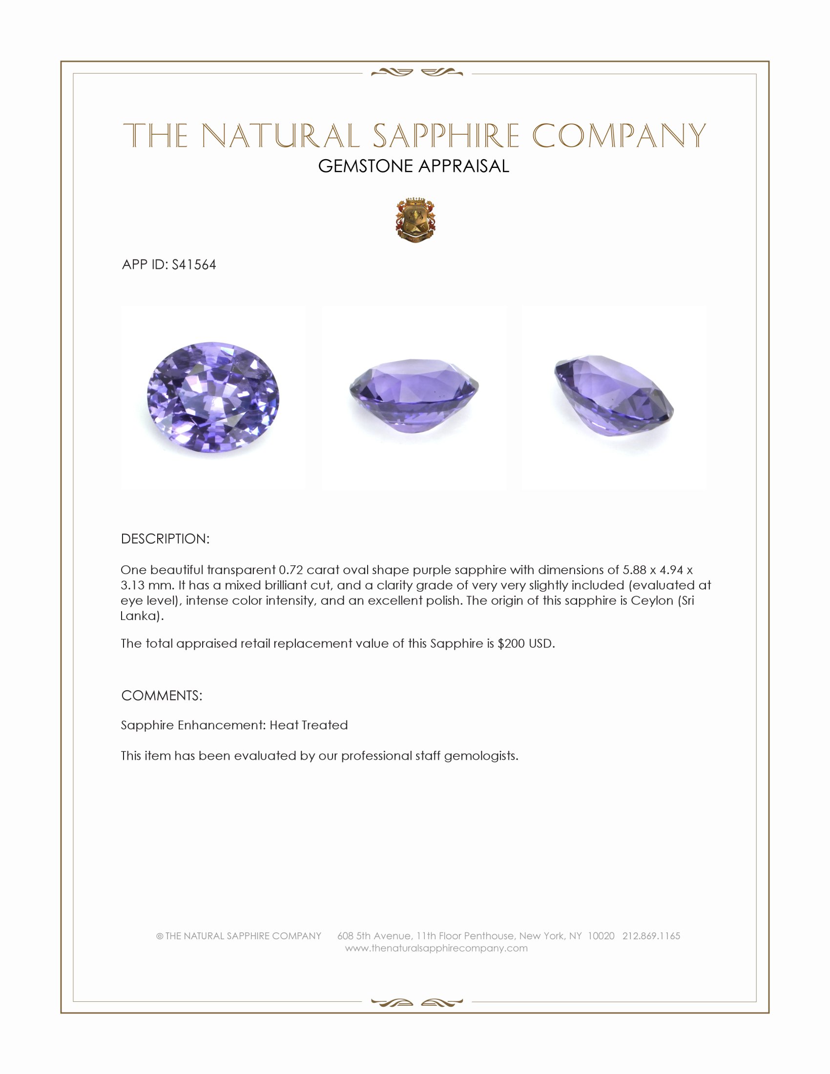 0.72 Ct. Purple Sapphire from Ceylon (Sri Lanka)