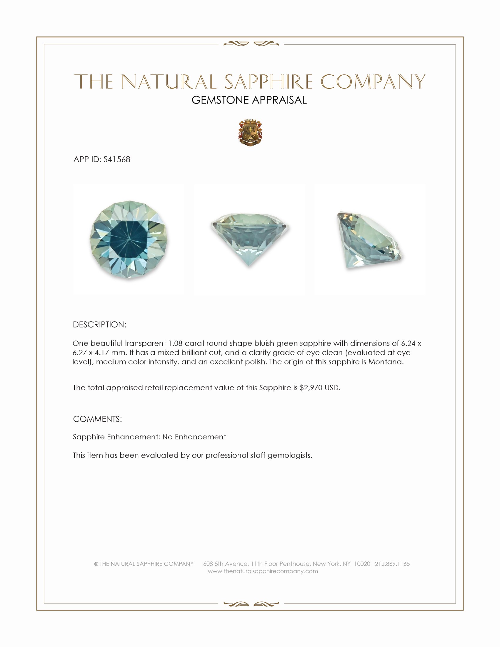 1.08 Ct. Bluish Green Sapphire from Montana