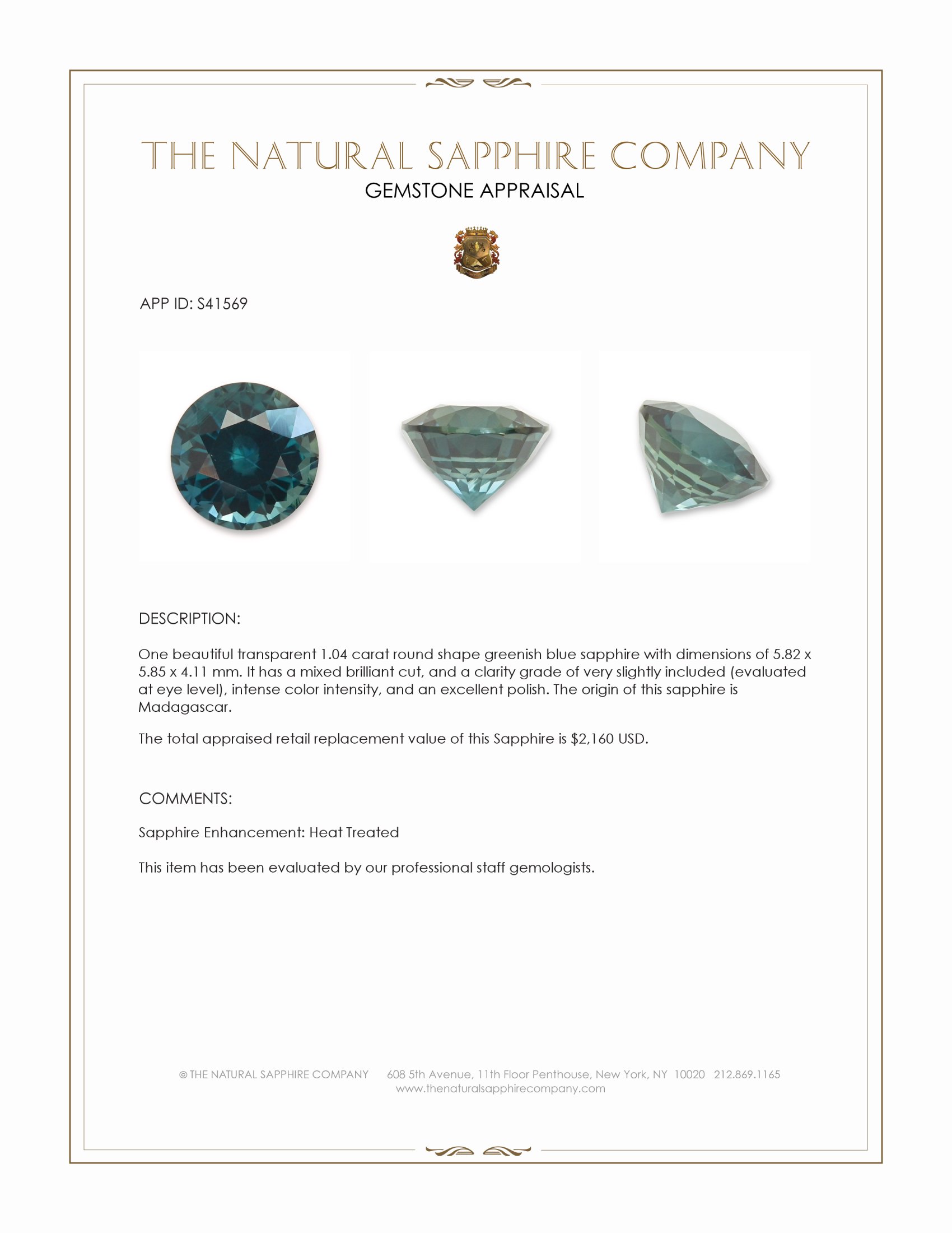1.04 Ct. Greenish Blue Sapphire from Madagascar