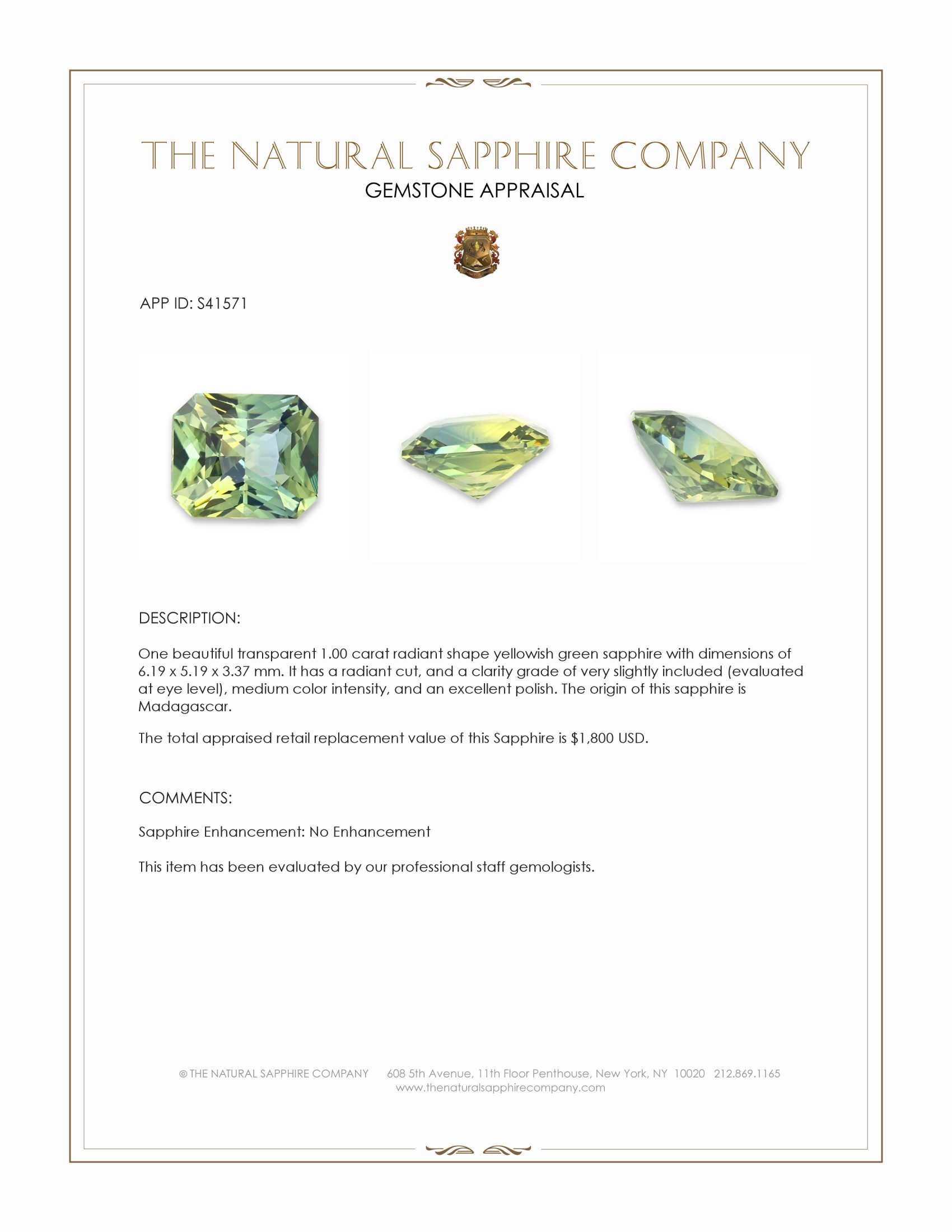 1.00 Ct. Yellowish Green Sapphire from Madagascar