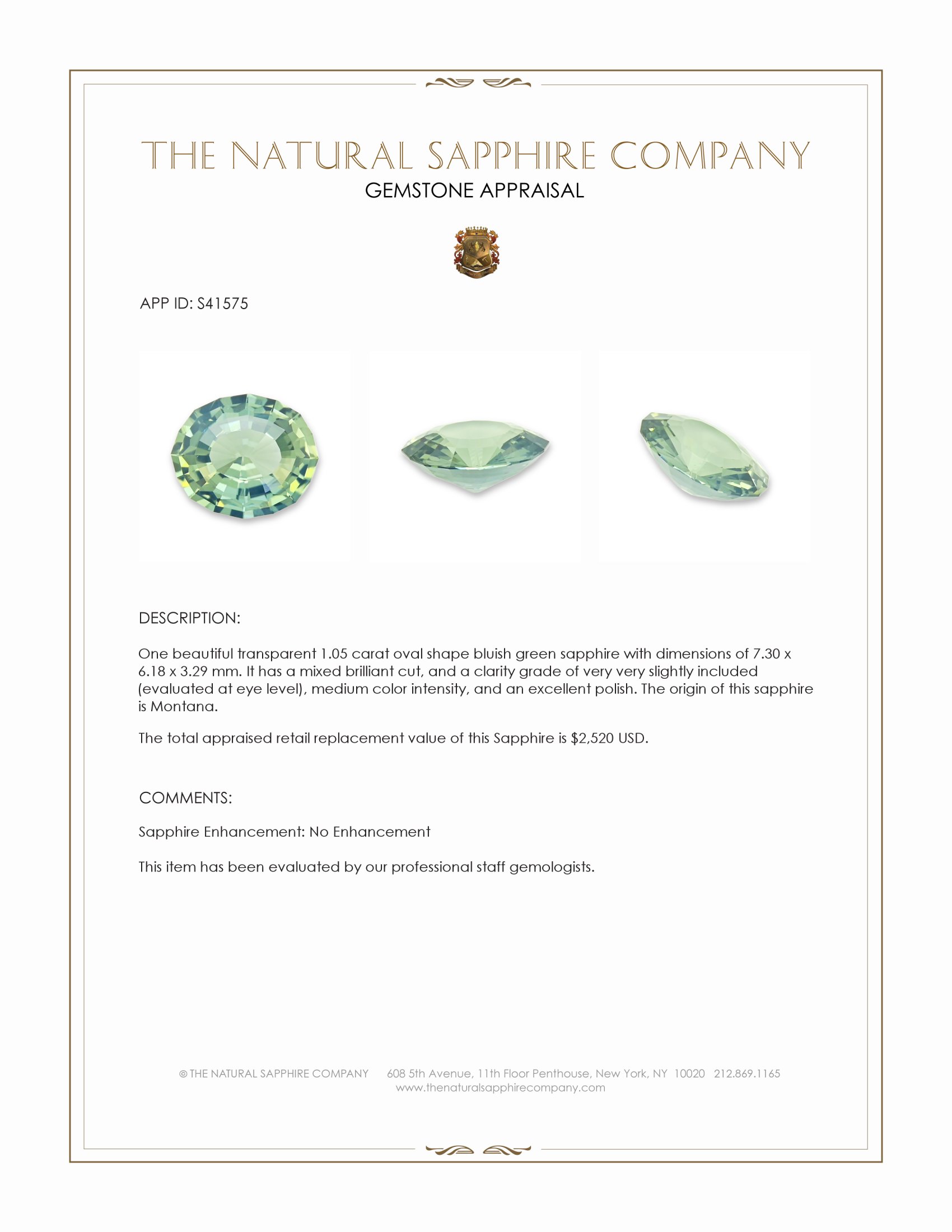 1.05 Ct. Bluish Green Sapphire from Montana