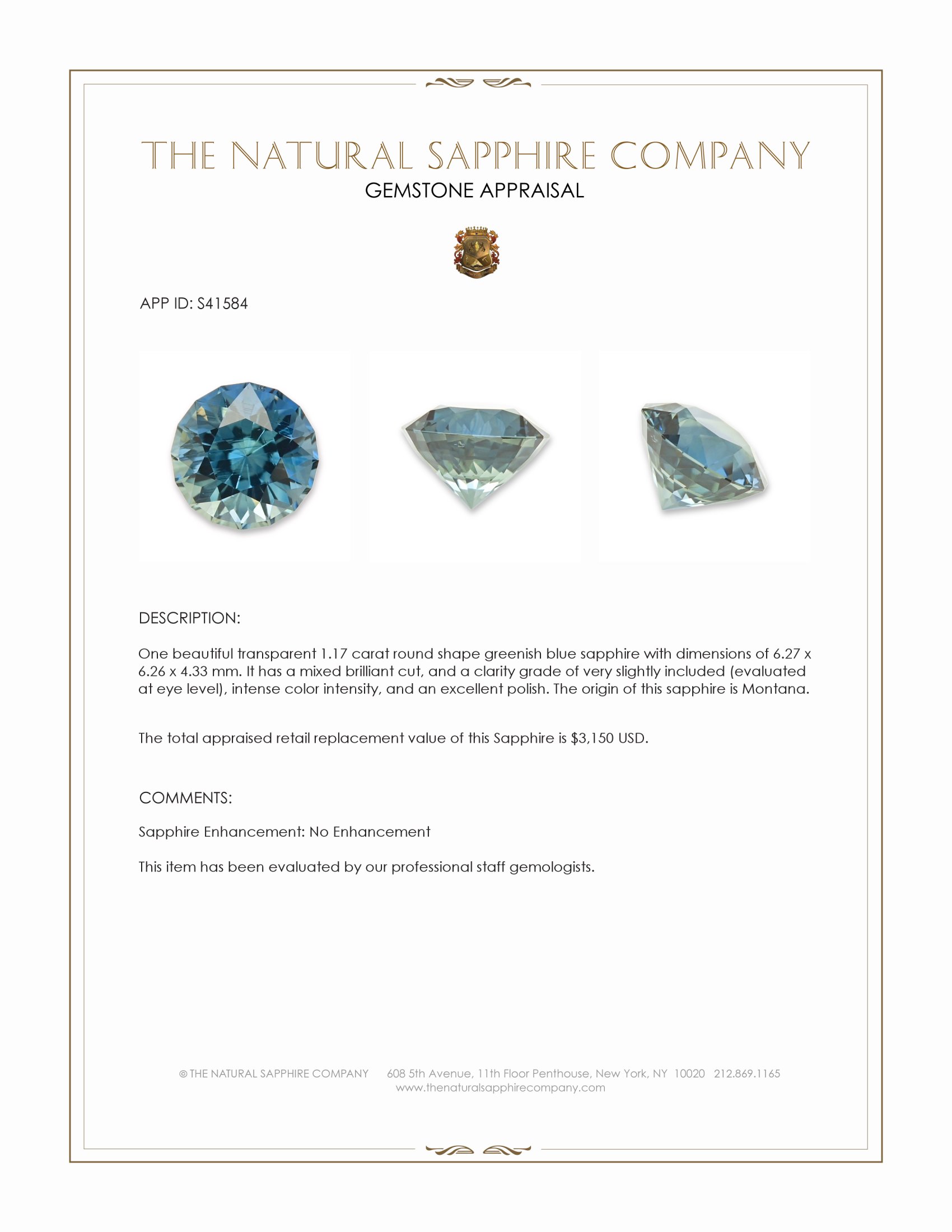 1.17 Ct. Greenish Blue Sapphire from Montana