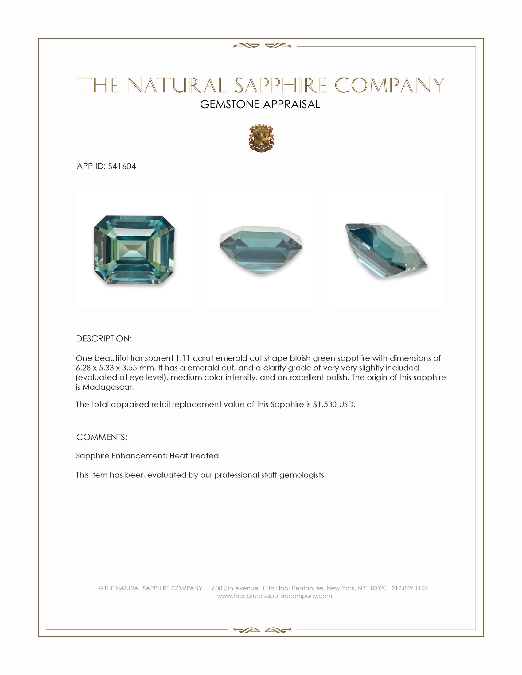 1.11 Ct. Bluish Green Sapphire from Madagascar