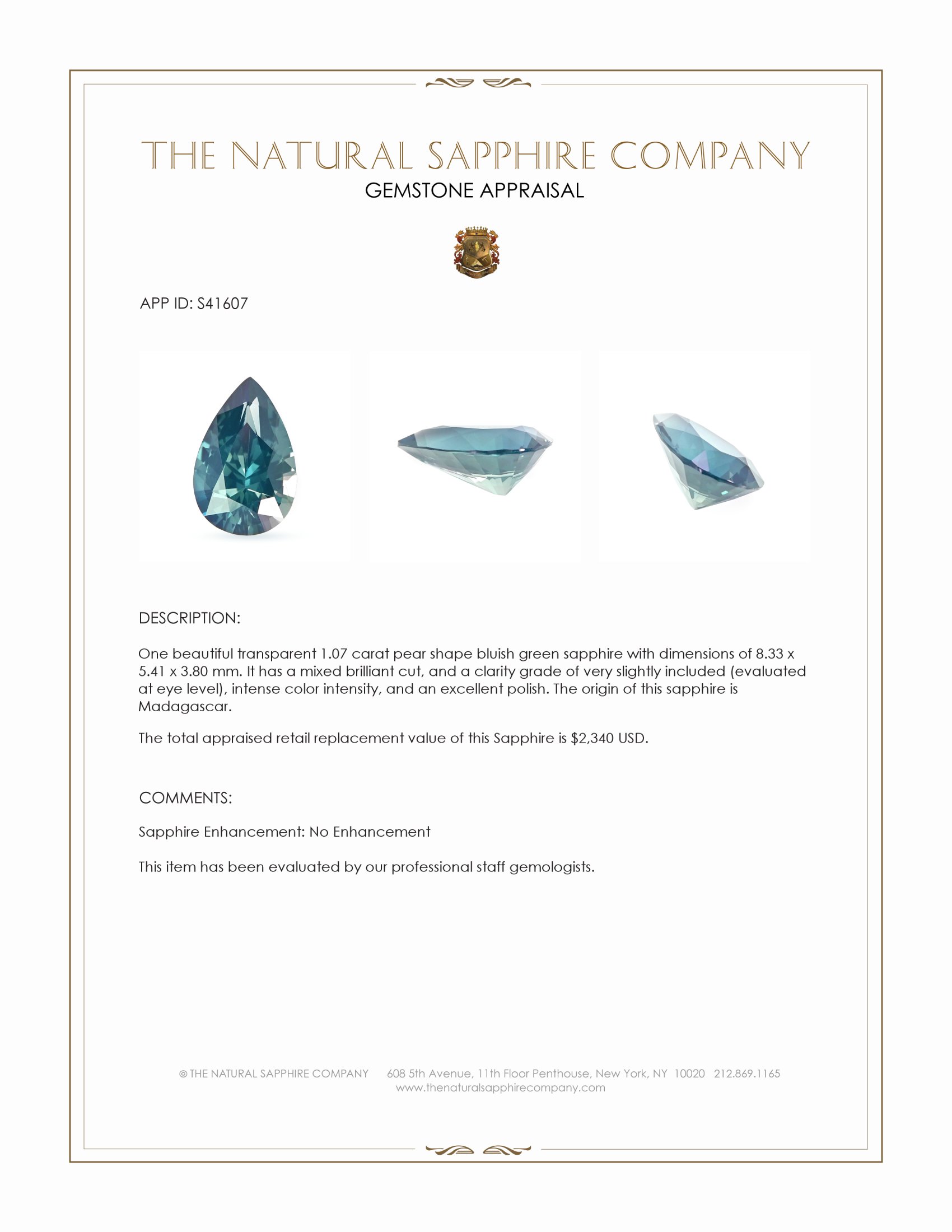 1.07 Ct. Bluish Green Sapphire from Madagascar
