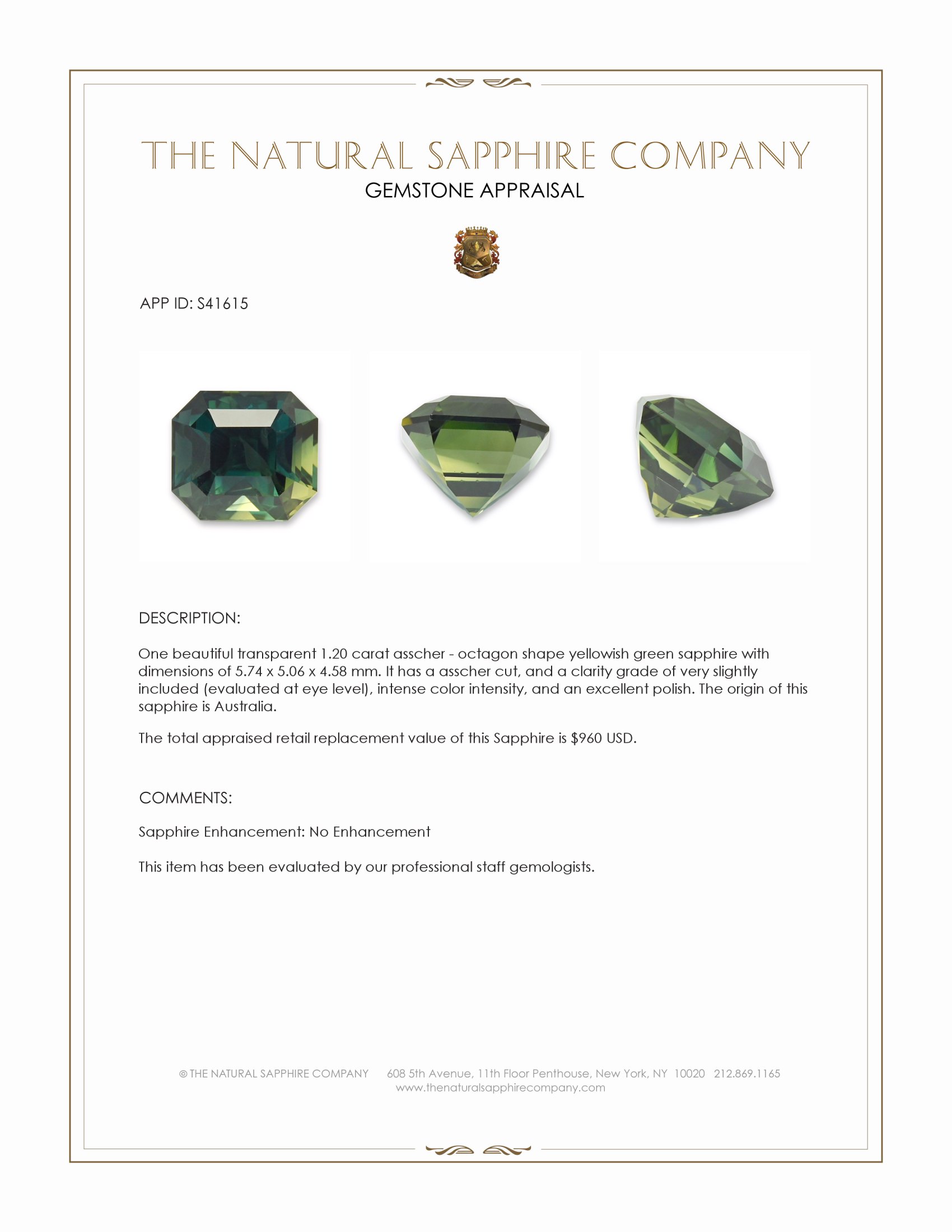 1.20 Ct. Yellowish Green Sapphire from Australia
