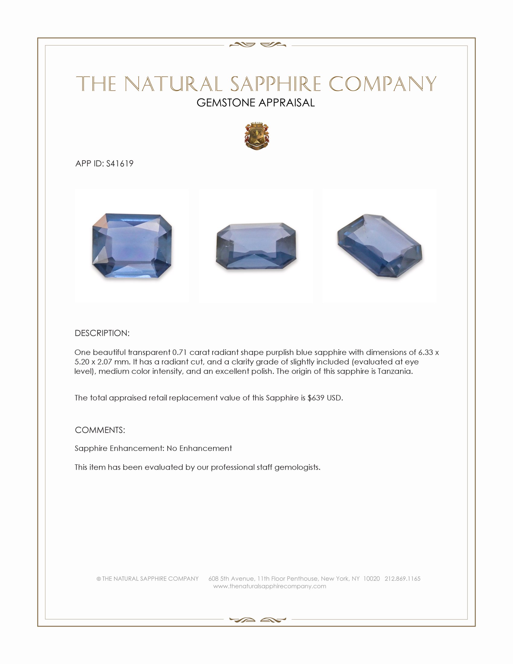 0.71 Ct. Purplish Blue Sapphire from Tanzania