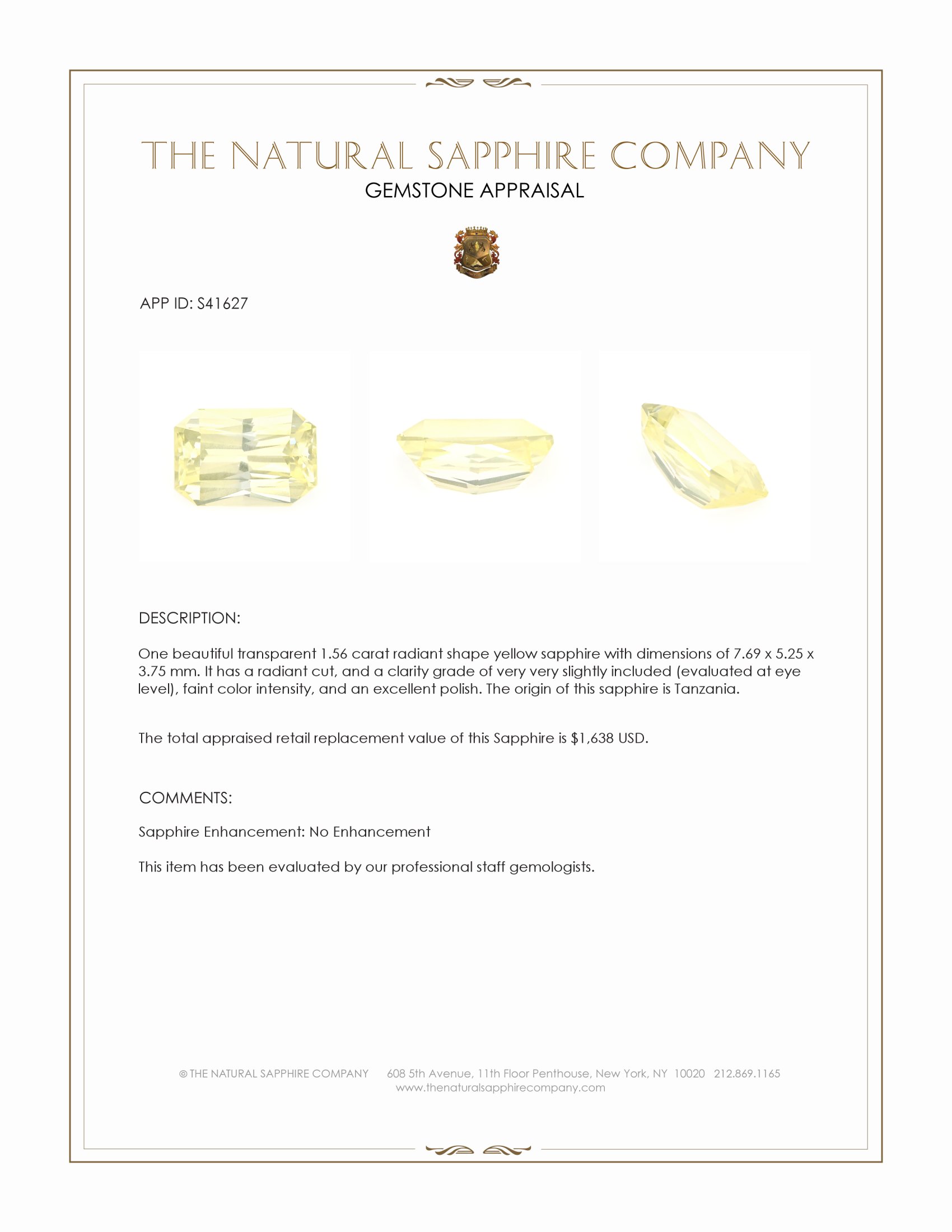 1.56 Ct. Yellow Sapphire from Tanzania