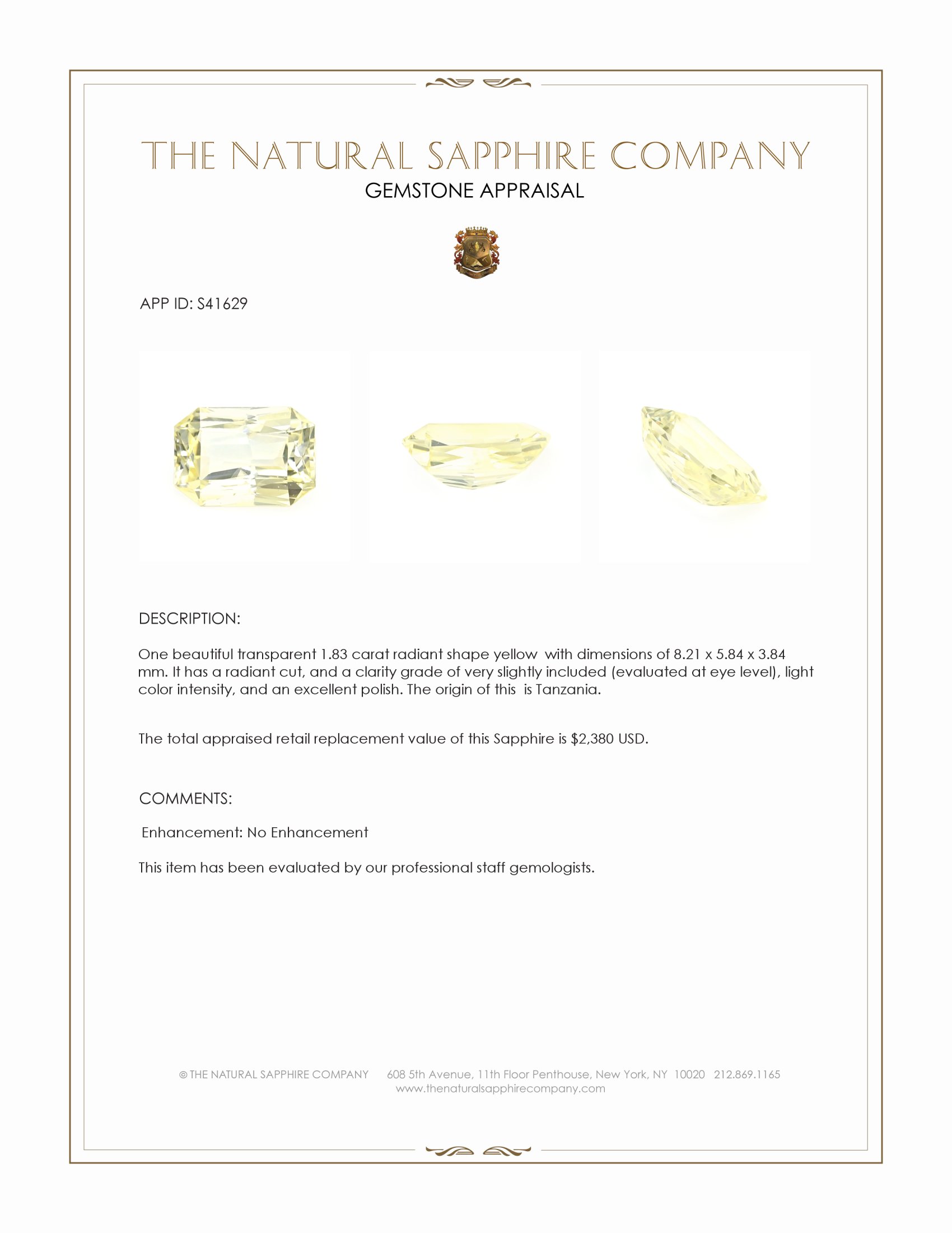 1.83 Ct. Yellow Sapphire from Tanzania
