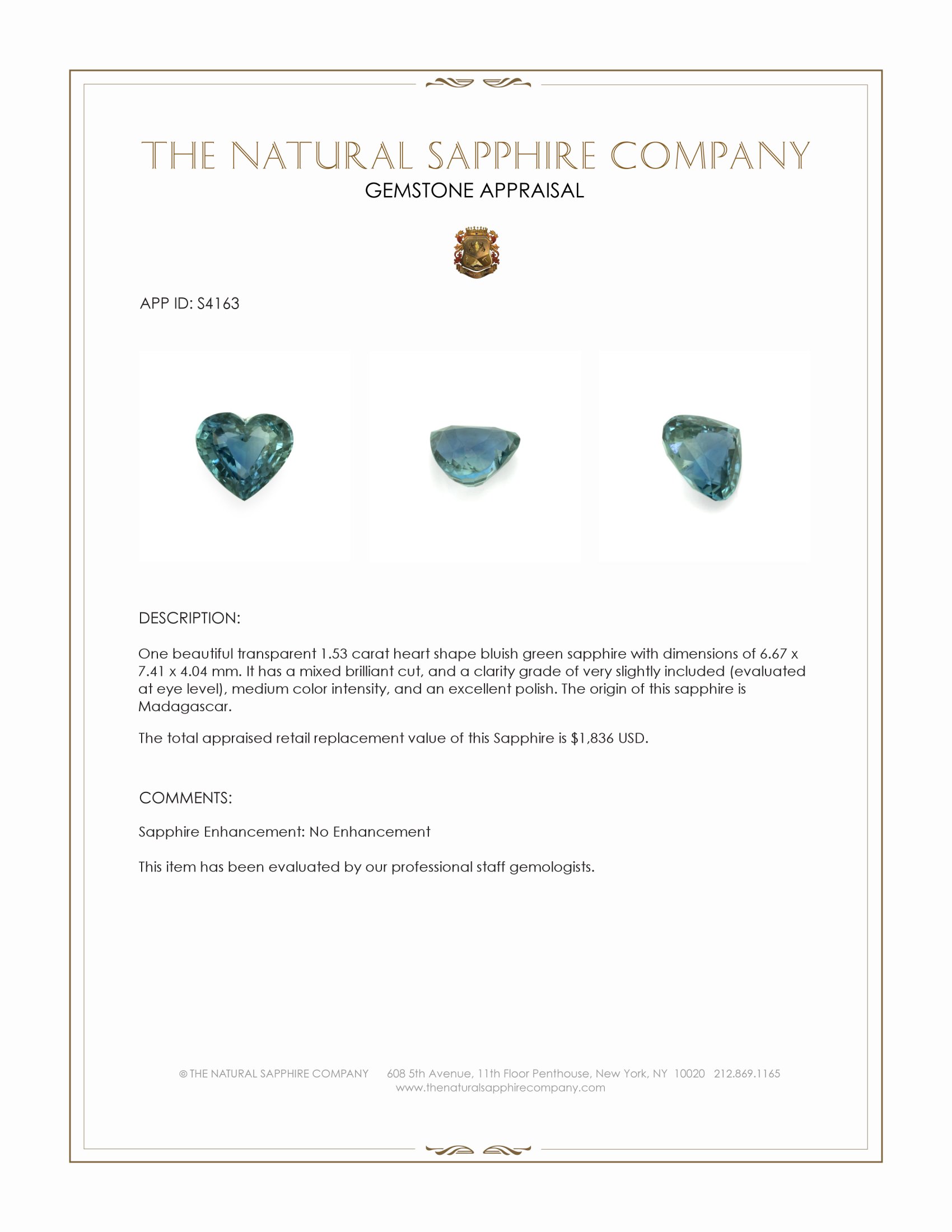 1.53 Ct. Bluish Green Sapphire from Madagascar
