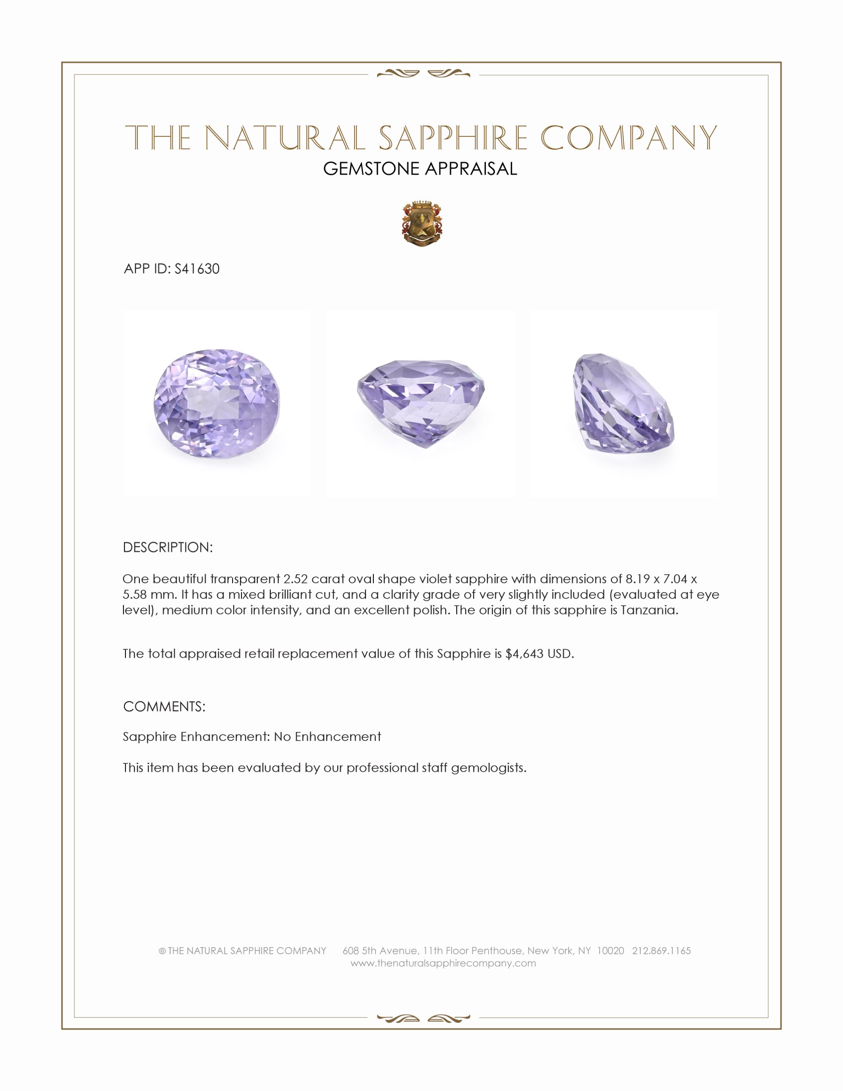 2.52 Ct. Violet Sapphire from Tanzania