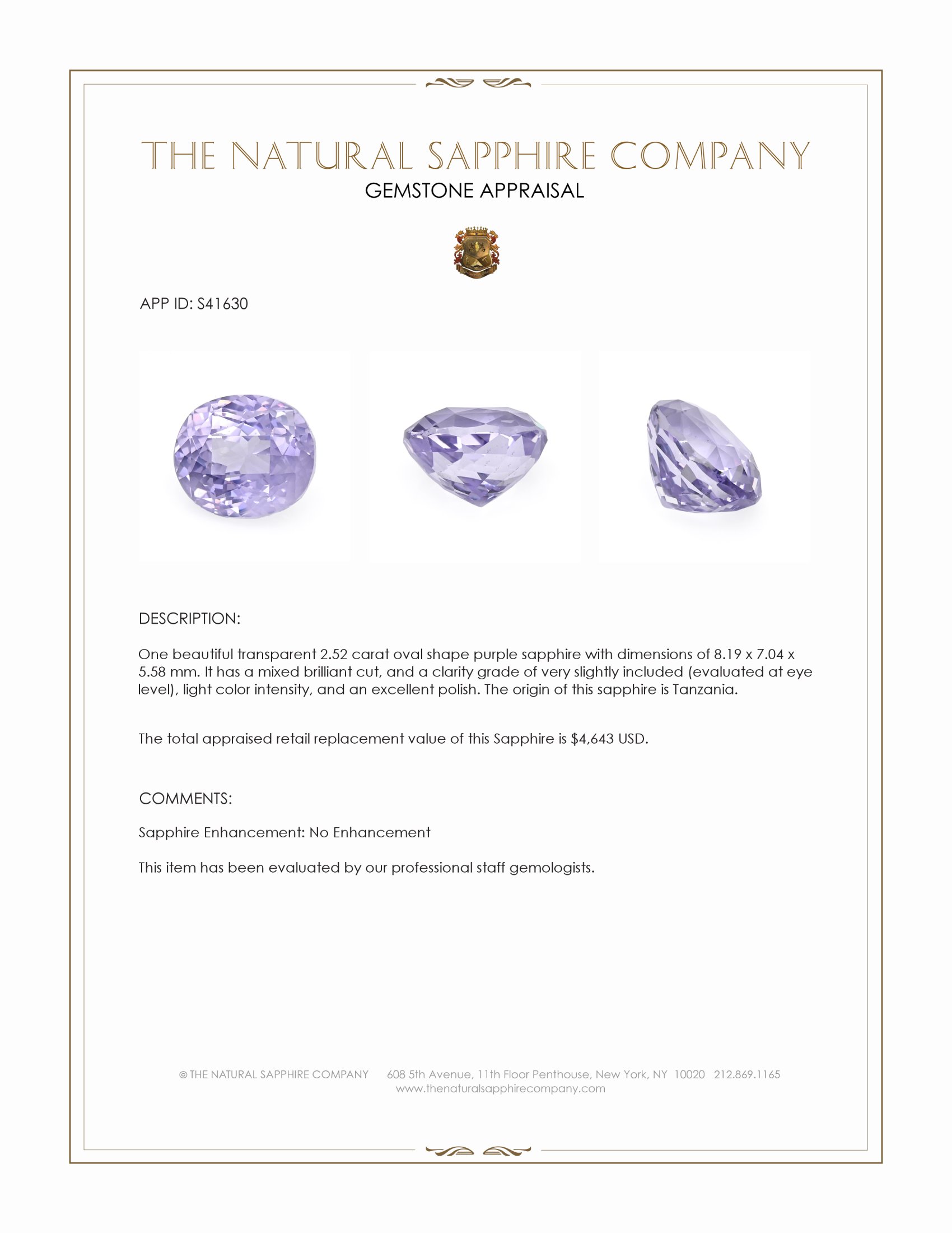 2.52 Ct. Purple Sapphire from Tanzania