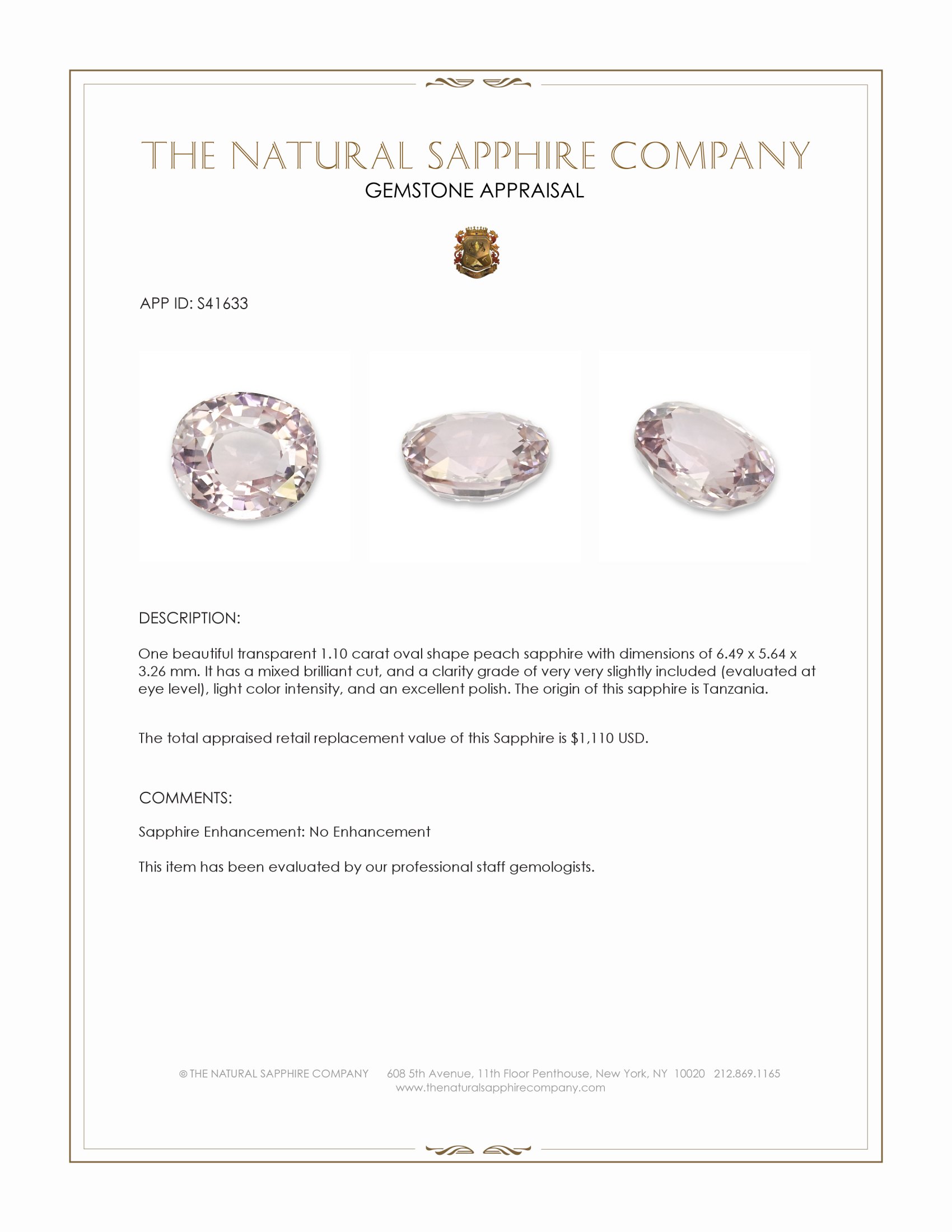 1.10 Ct. Peach Sapphire from Tanzania