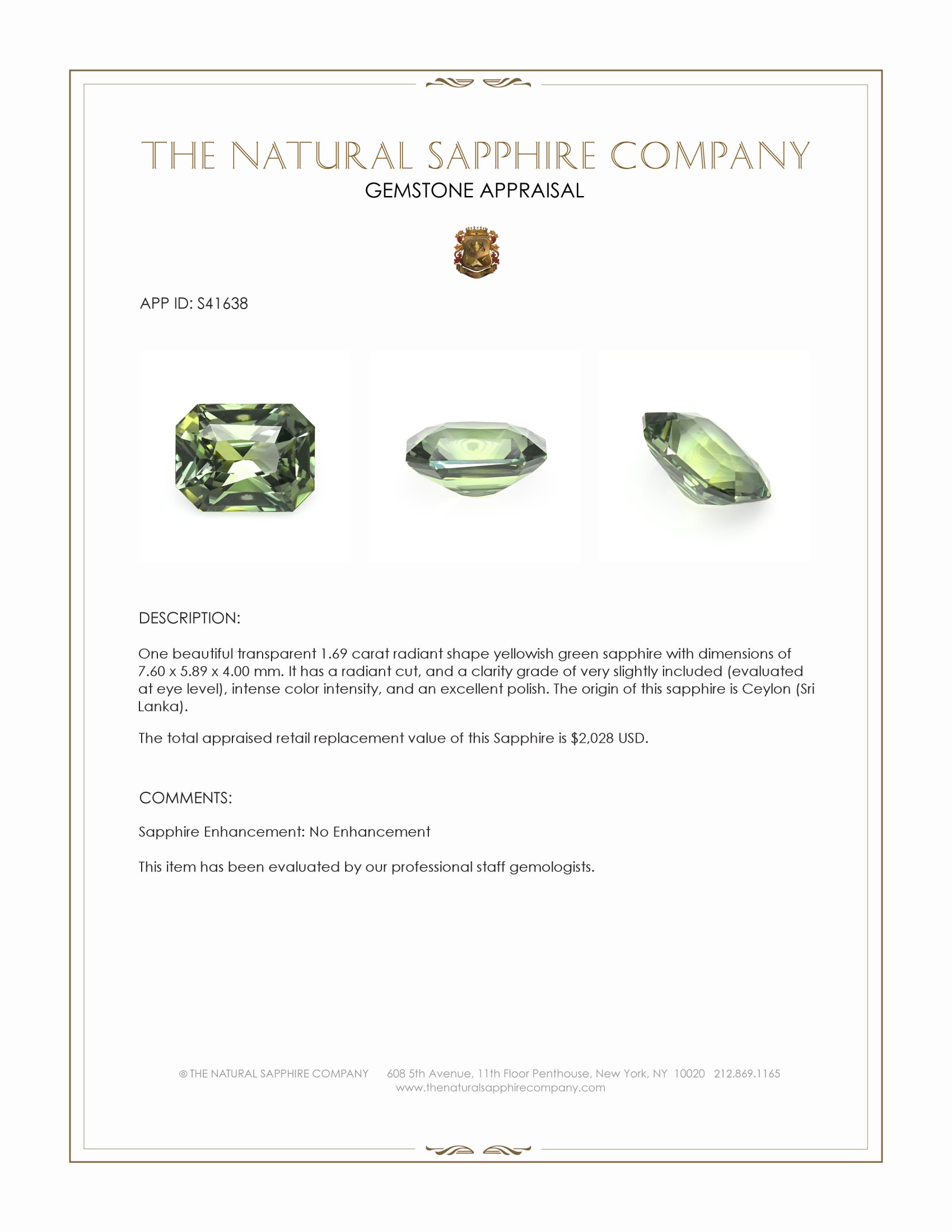 1.69 Ct. Yellowish Green Sapphire from Ceylon (Sri Lanka)
