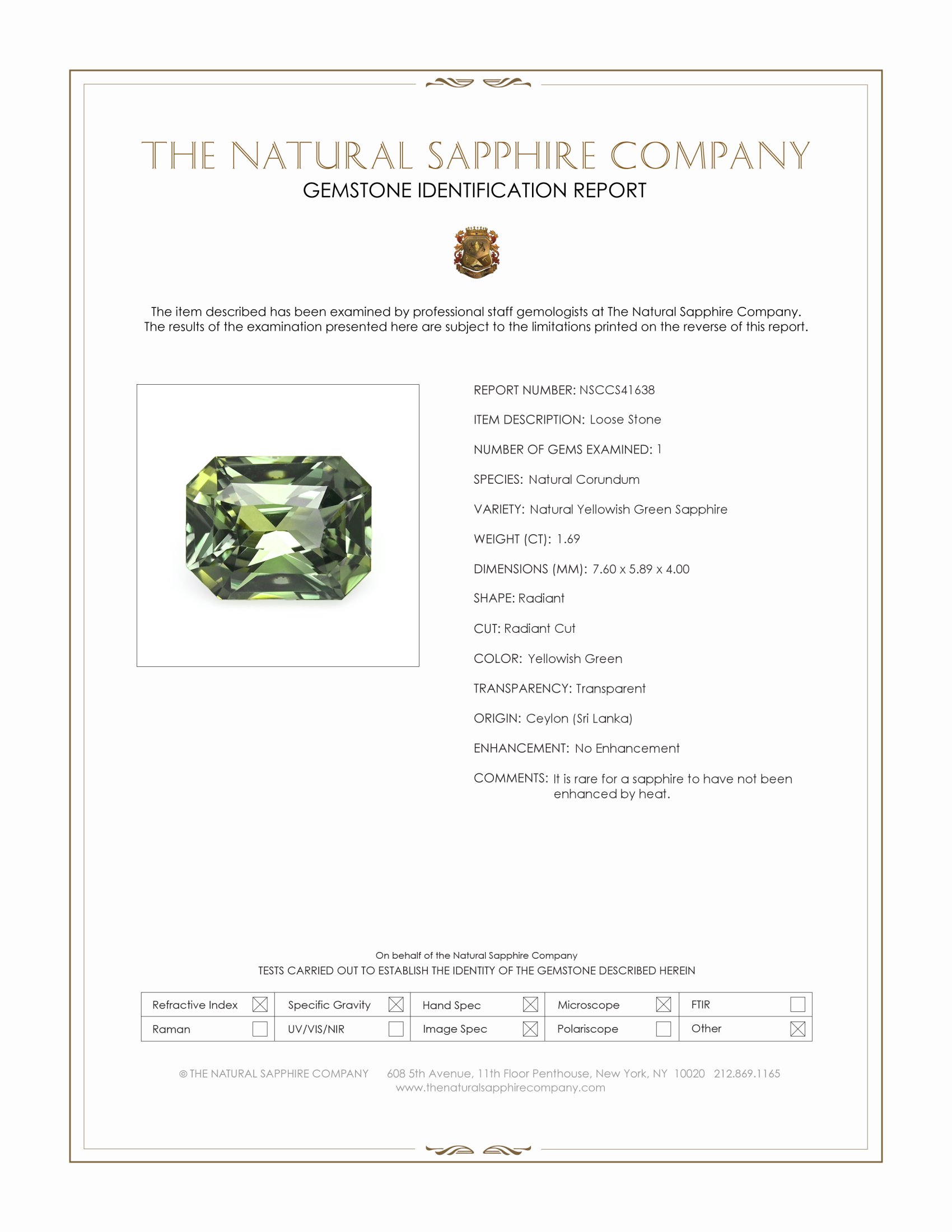 1.69 Ct. Yellowish Green Sapphire from Ceylon (Sri Lanka)