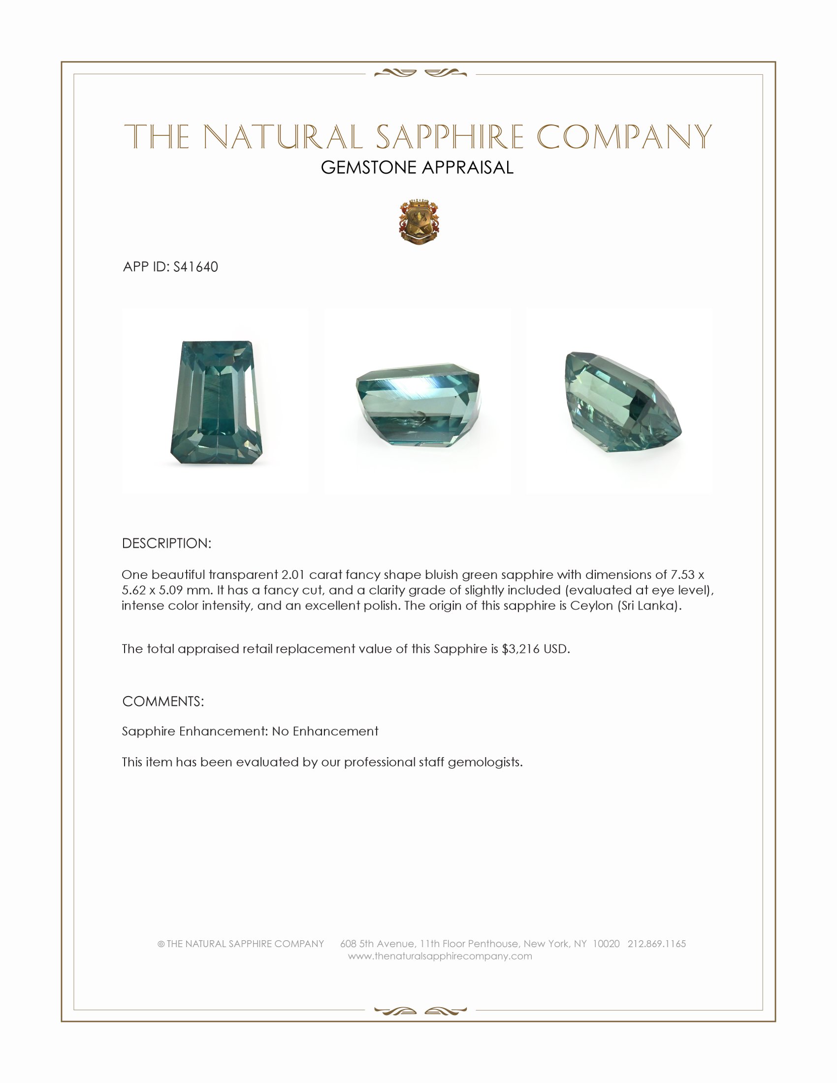 2.01 Ct. Bluish Green Sapphire from Ceylon (Sri Lanka)