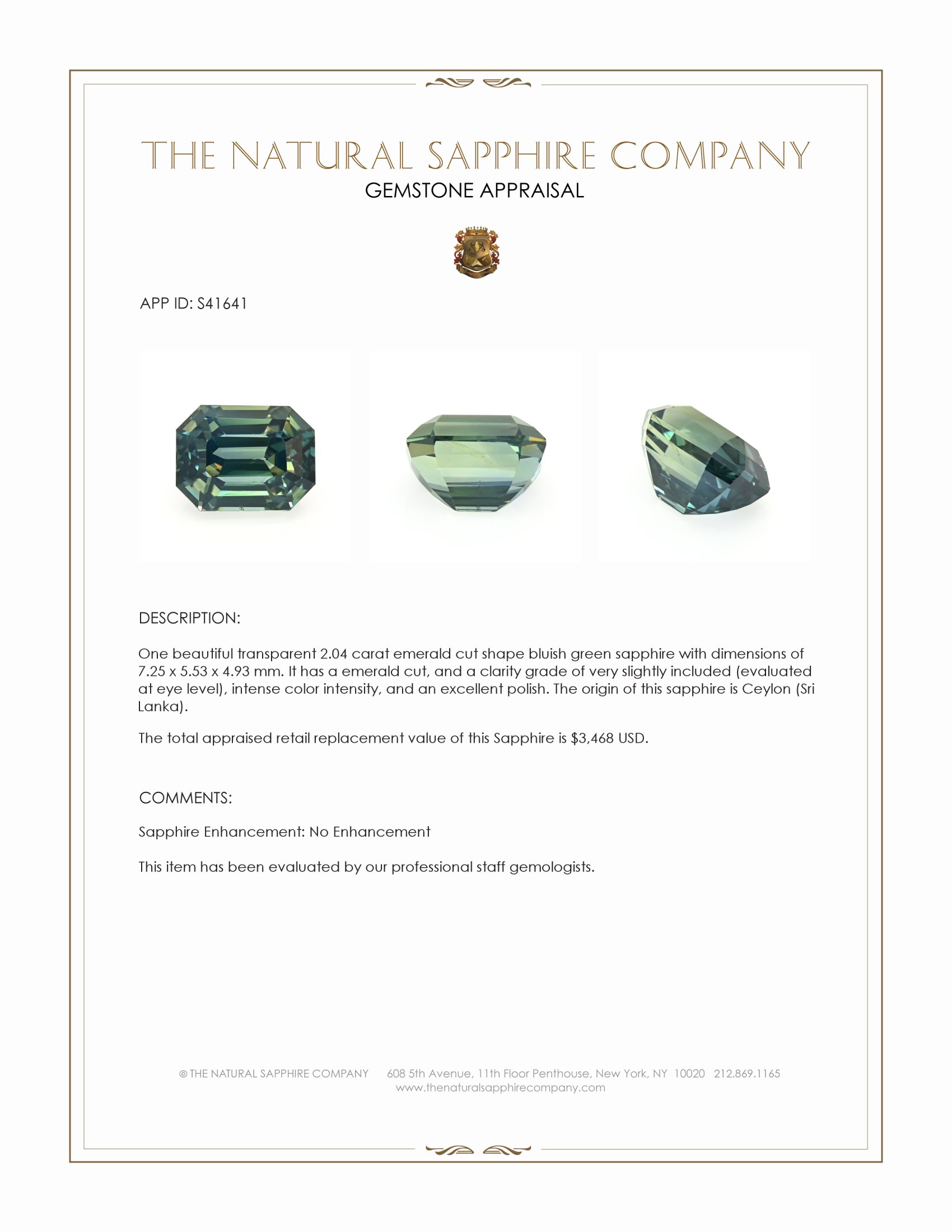 2.04 Ct. Bluish Green Sapphire from Ceylon (Sri Lanka)