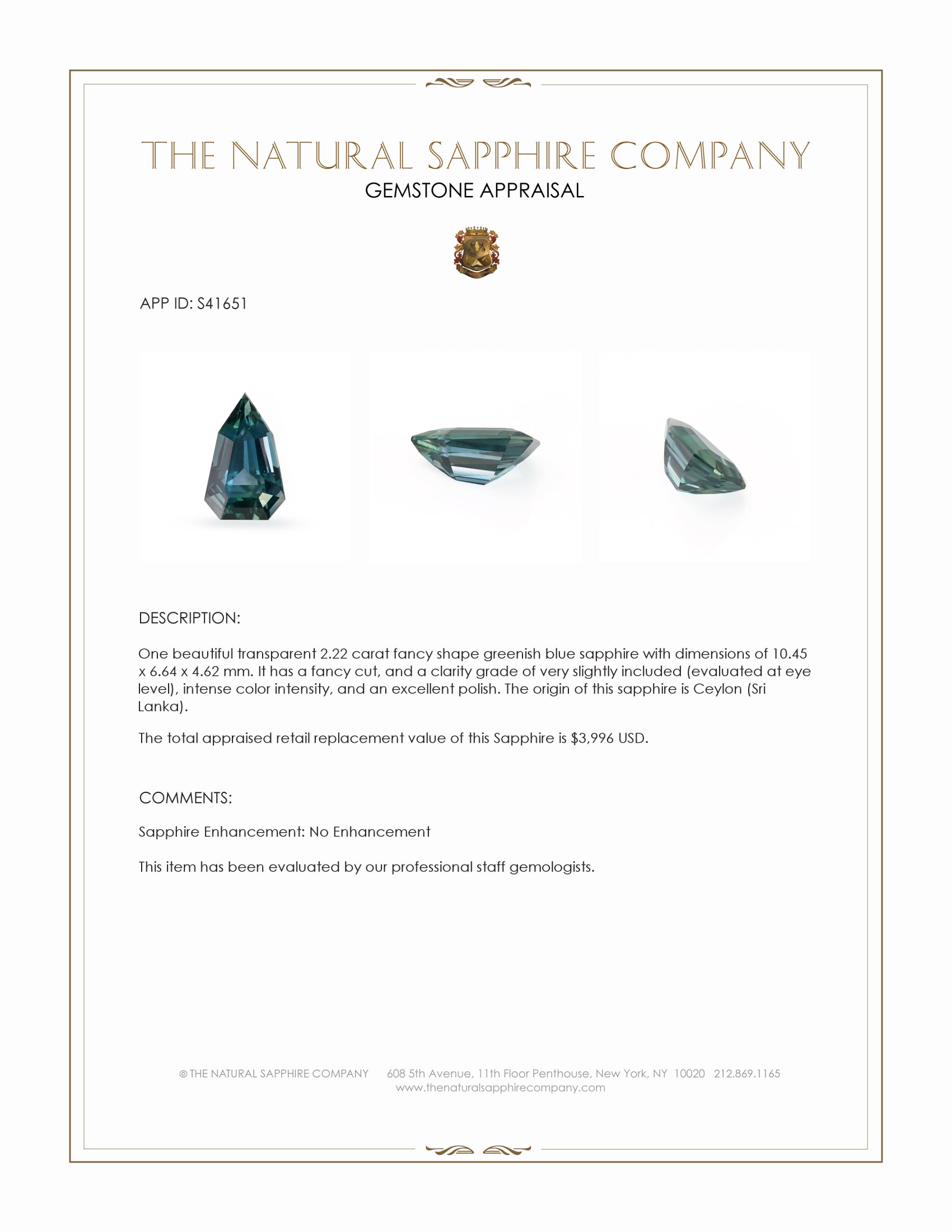 2.22 Ct. Greenish Blue Sapphire from Ceylon (Sri Lanka)