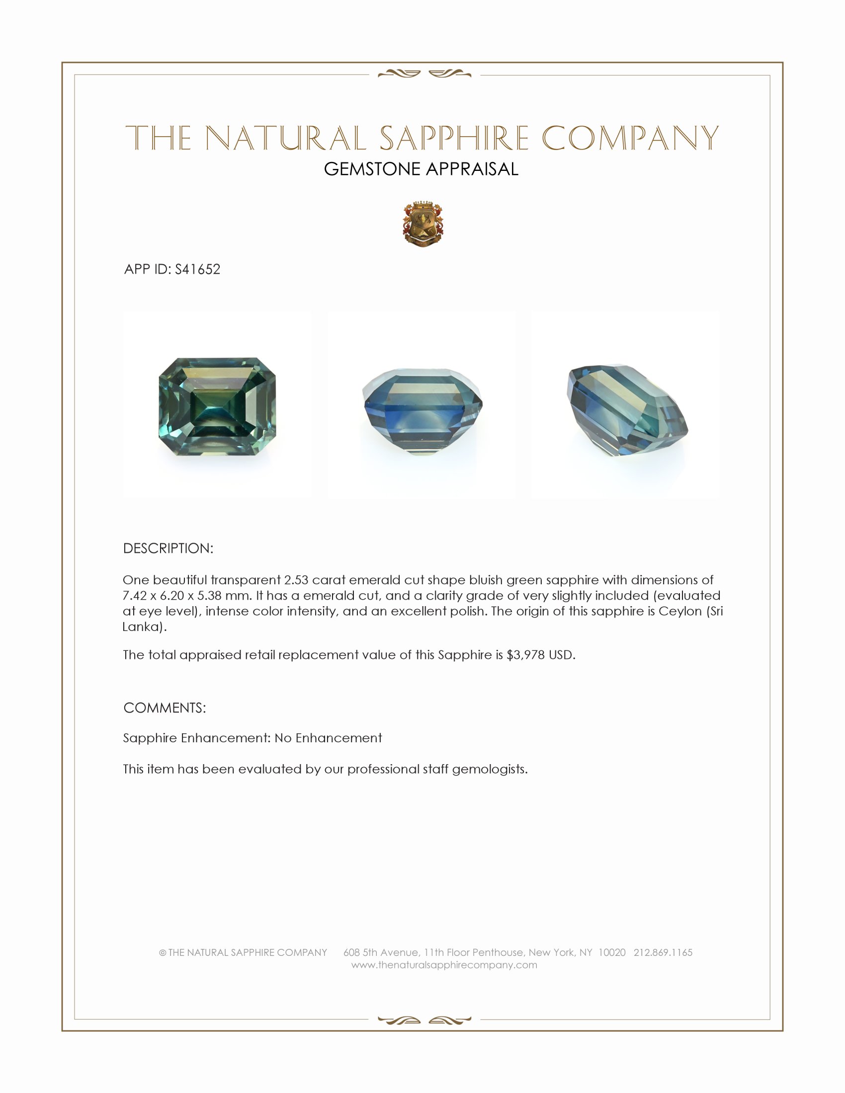 2.53 Ct. Bluish Green Sapphire from Ceylon (Sri Lanka)