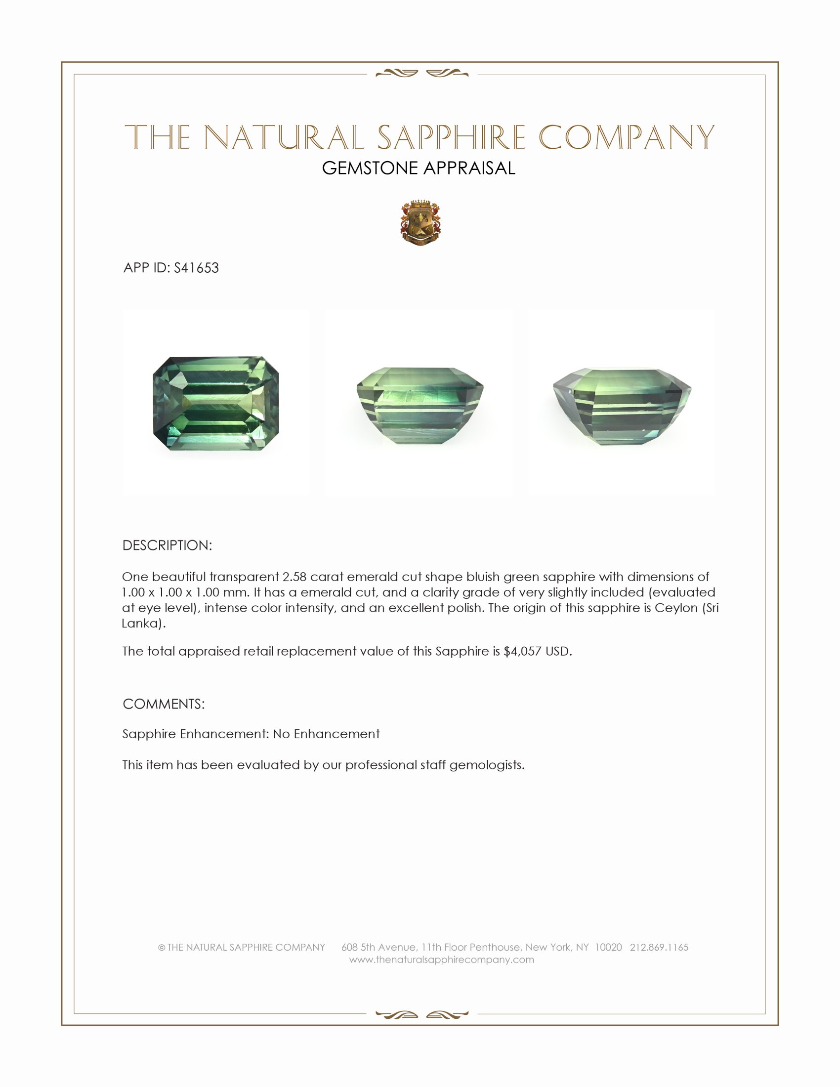 2.58 Ct. Bluish Green Sapphire from Ceylon (Sri Lanka)